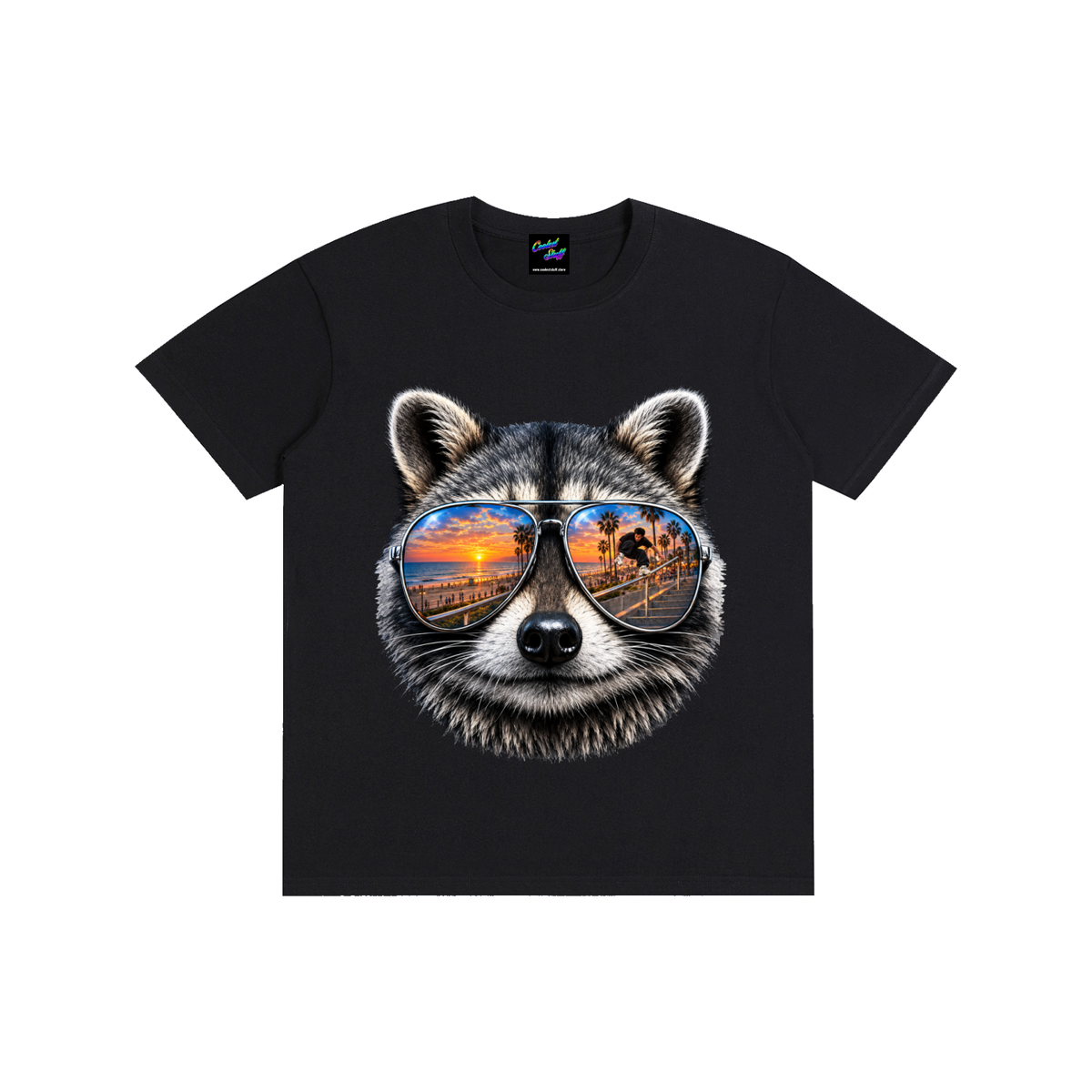raccoon,shirt,tshirt,summer,sunset,skate,skater,trick,slide,vibe,cool,graphic,tee,sunglasses,aviator,beach,inline,skating,roller,apparel,streetwear,animal,lover,gift,vibes,urban,reflection,art,extreme,sports,unisex,unique,clothing,design,statement