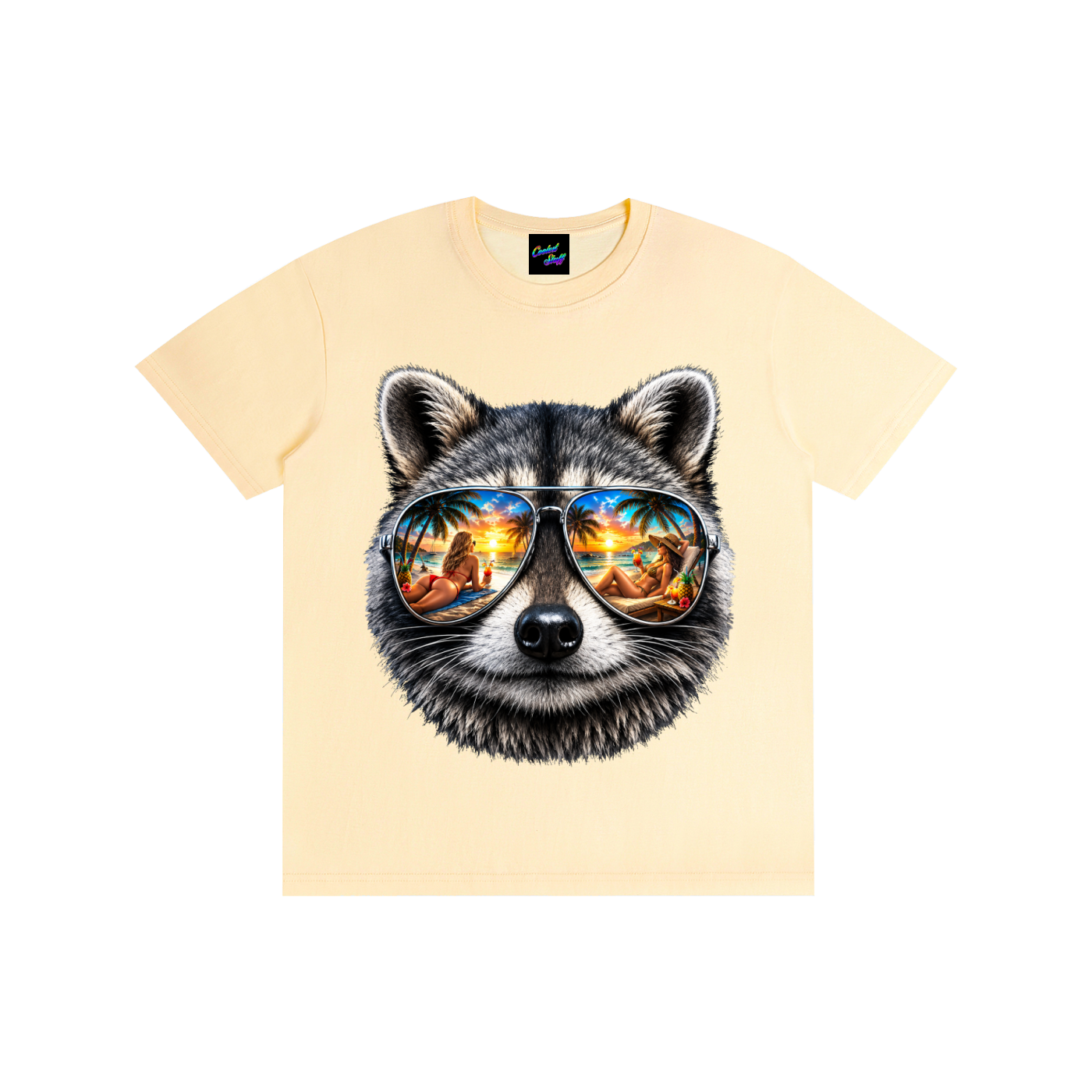 coolest,stuff,raccoon,shirt,tshirt,tee,graphic,tropical,summer,vacation,beach,vibes,mirrored,sunglasses,aviator,palm,tree,sunset,reflection,cocktail,island,life,ocean,lover,apparel,holiday,aesthetic,pardise,resort,wear,gift,colourful,unisex,outfit,fashion,seaside,exotic,lifestyle,animal