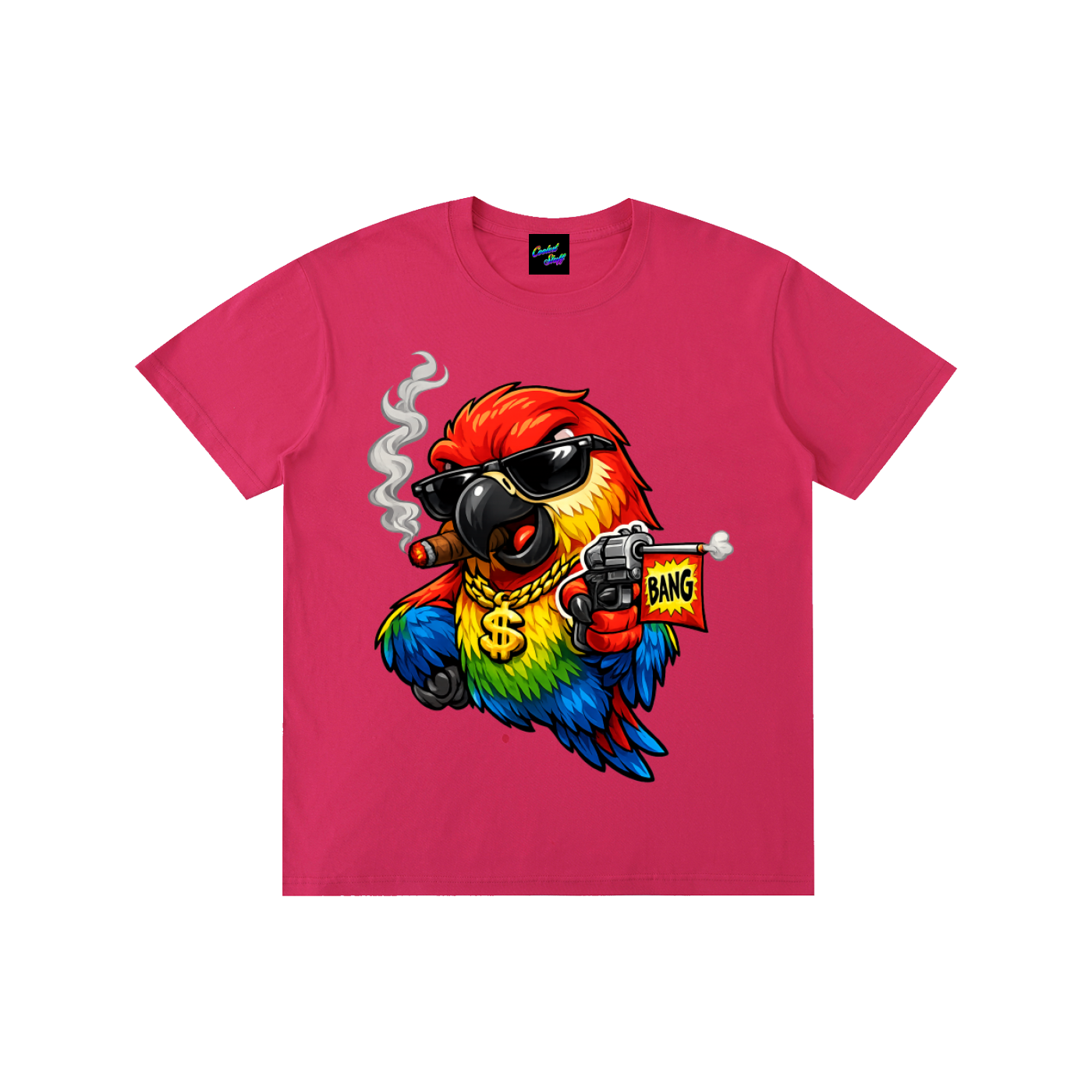 rainbow,parrot,shirt,ganster,funny,bird,tee,cartoon,colourful,animal,lover,comic,style,bang,flag,desing,toy,gun,cigar,streetwear,graphic,urban,fashion,tropical,macaw,gift,art,vibrant,cool,cooleststuff,festival,clothing,humorous,apparel