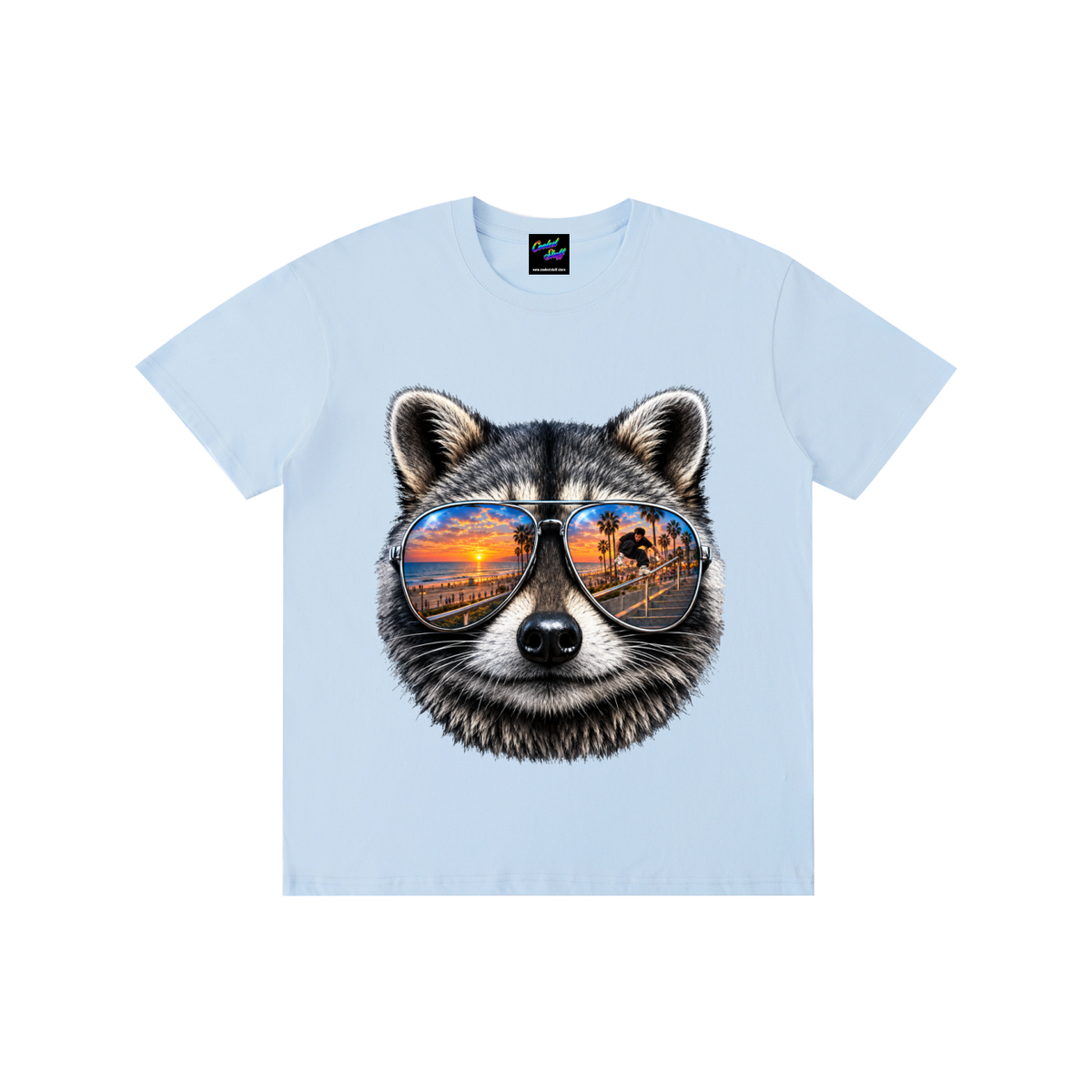 raccoon,shirt,tshirt,summer,sunset,skate,skater,trick,slide,vibe,cool,graphic,tee,sunglasses,aviator,beach,inline,skating,roller,apparel,streetwear,animal,lover,gift,vibes,urban,reflection,art,extreme,sports,unisex,unique,clothing,design,statement