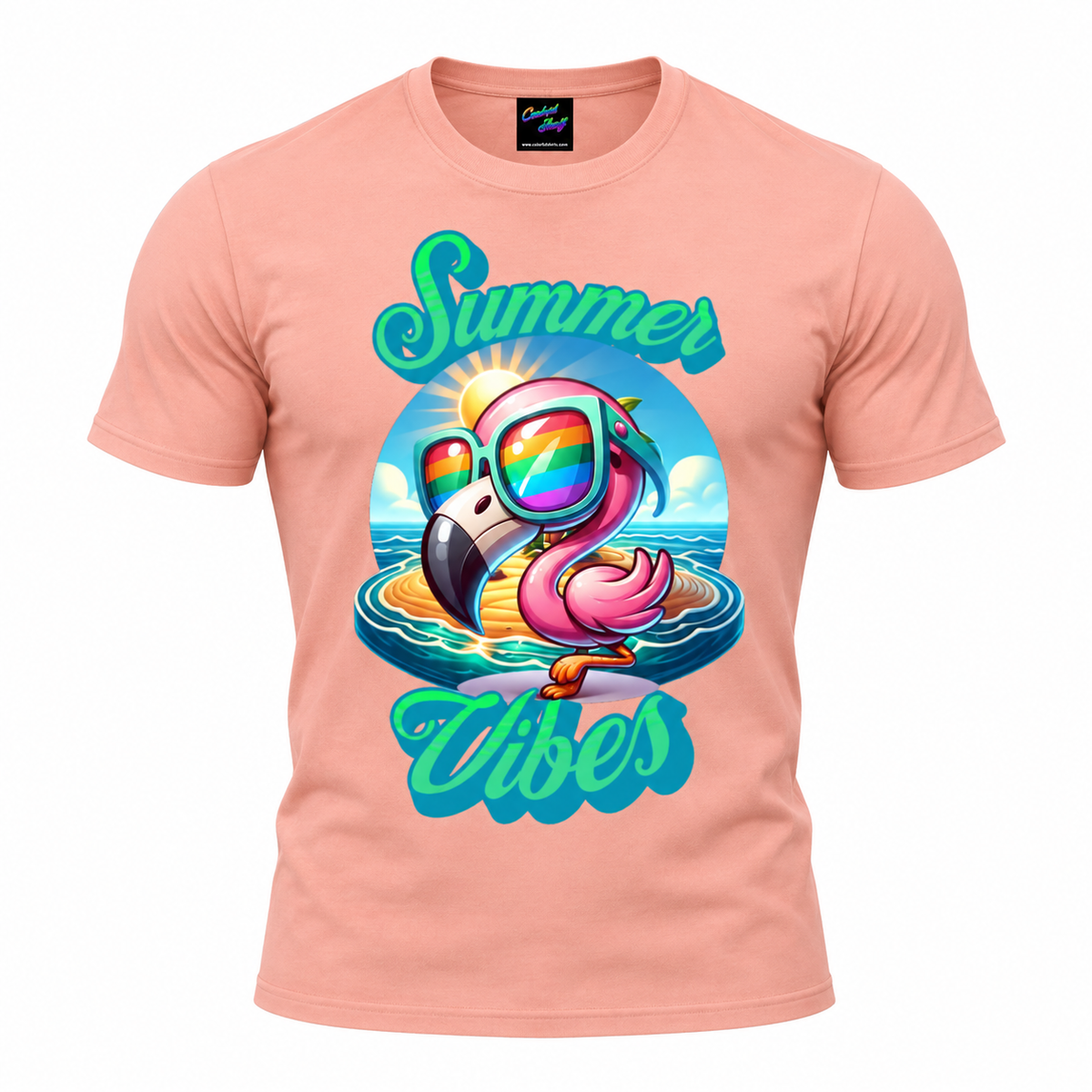 Summer Vibes Flamingo T-Shirt | Cute Pink Flamingo with Rainbow Sunglasses | Tropical Beach Vacation Graphic Tee
