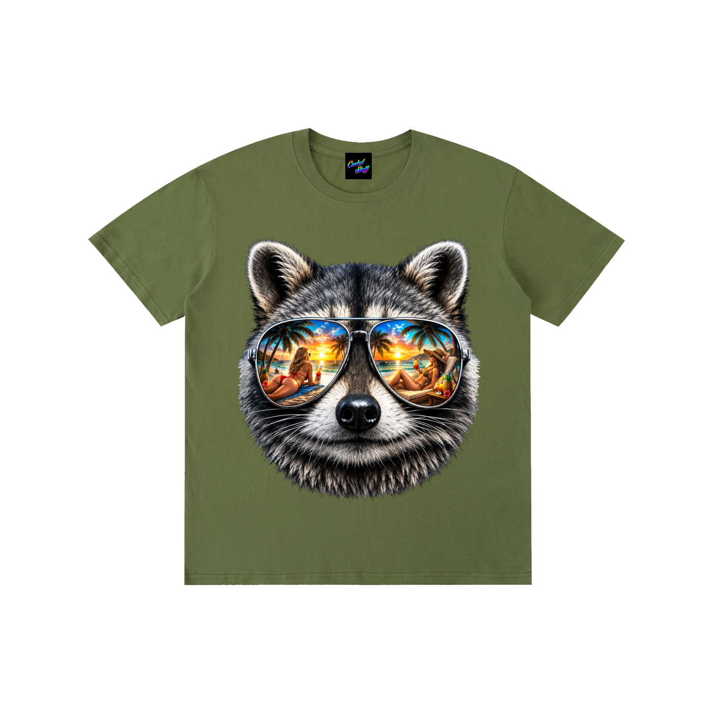 coolest,stuff,raccoon,shirt,tshirt,tee,graphic,tropical,summer,vacation,beach,vibes,mirrored,sunglasses,aviator,palm,tree,sunset,reflection,cocktail,island,life,ocean,lover,apparel,holiday,aesthetic,pardise,resort,wear,gift,colourful,unisex,outfit,fashion,seaside,exotic,lifestyle,animal