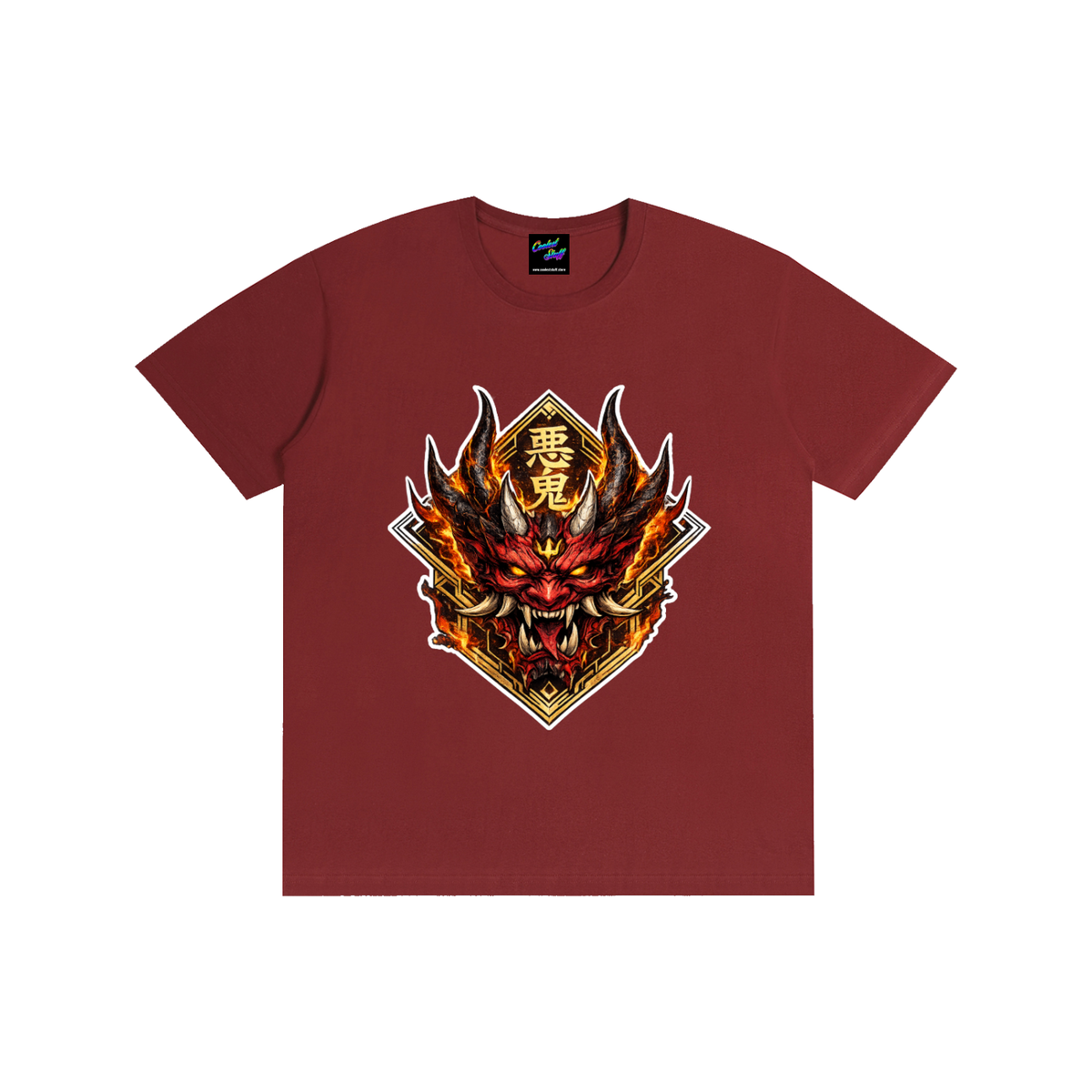 Japanese,oni,mask,demon,tshirt,samurai,shirt,graphic,tee,mythology,clothing,fire,artwork,red,streetwear,anime,dark,fantasy,horned,culture,alternative,tattoo,warrior,aesthetic,manga,gothic,asian,coolest,stuff