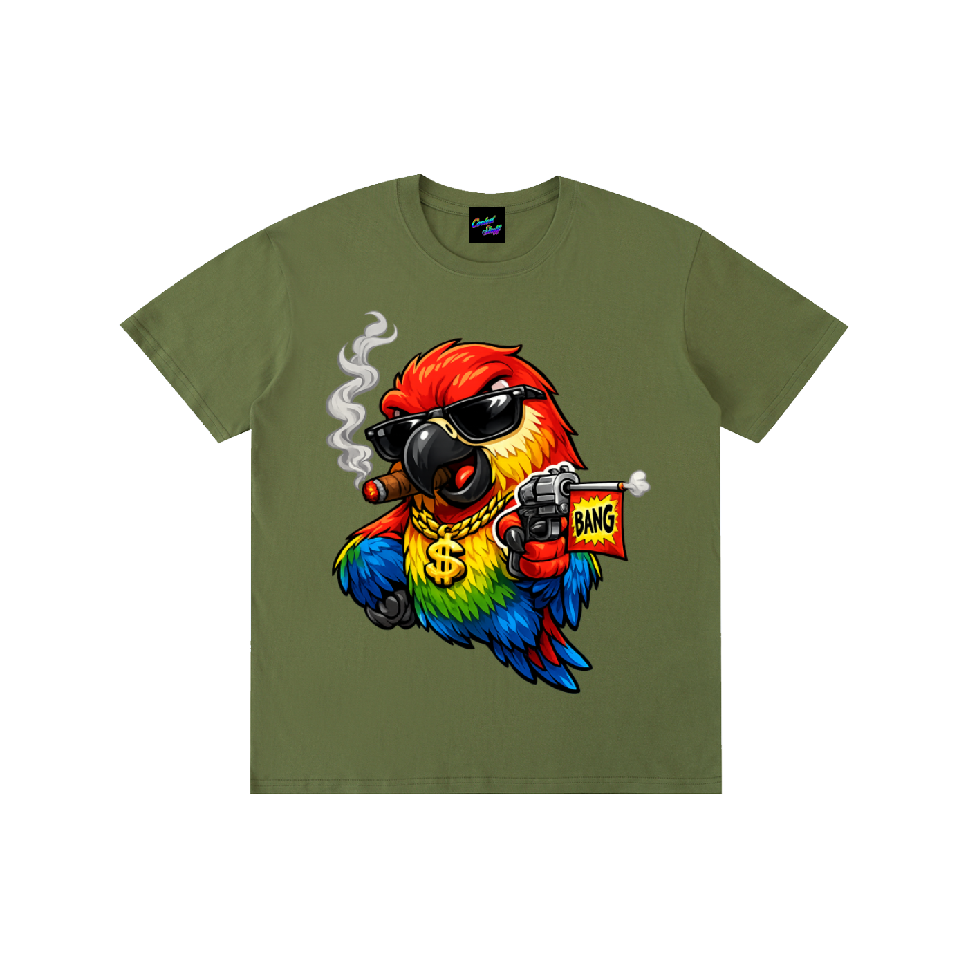 rainbow,parrot,shirt,ganster,funny,bird,tee,cartoon,colourful,animal,lover,comic,style,bang,flag,desing,toy,gun,cigar,streetwear,graphic,urban,fashion,tropical,macaw,gift,art,vibrant,cool,cooleststuff,festival,clothing,humorous,apparel