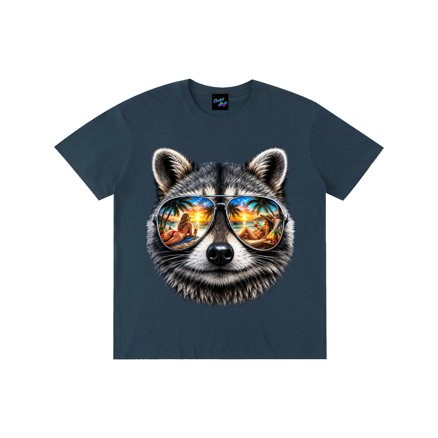 coolest,stuff,raccoon,shirt,tshirt,tee,graphic,tropical,summer,vacation,beach,vibes,mirrored,sunglasses,aviator,palm,tree,sunset,reflection,cocktail,island,life,ocean,lover,apparel,holiday,aesthetic,pardise,resort,wear,gift,colourful,unisex,outfit,fashion,seaside,exotic,lifestyle,animal