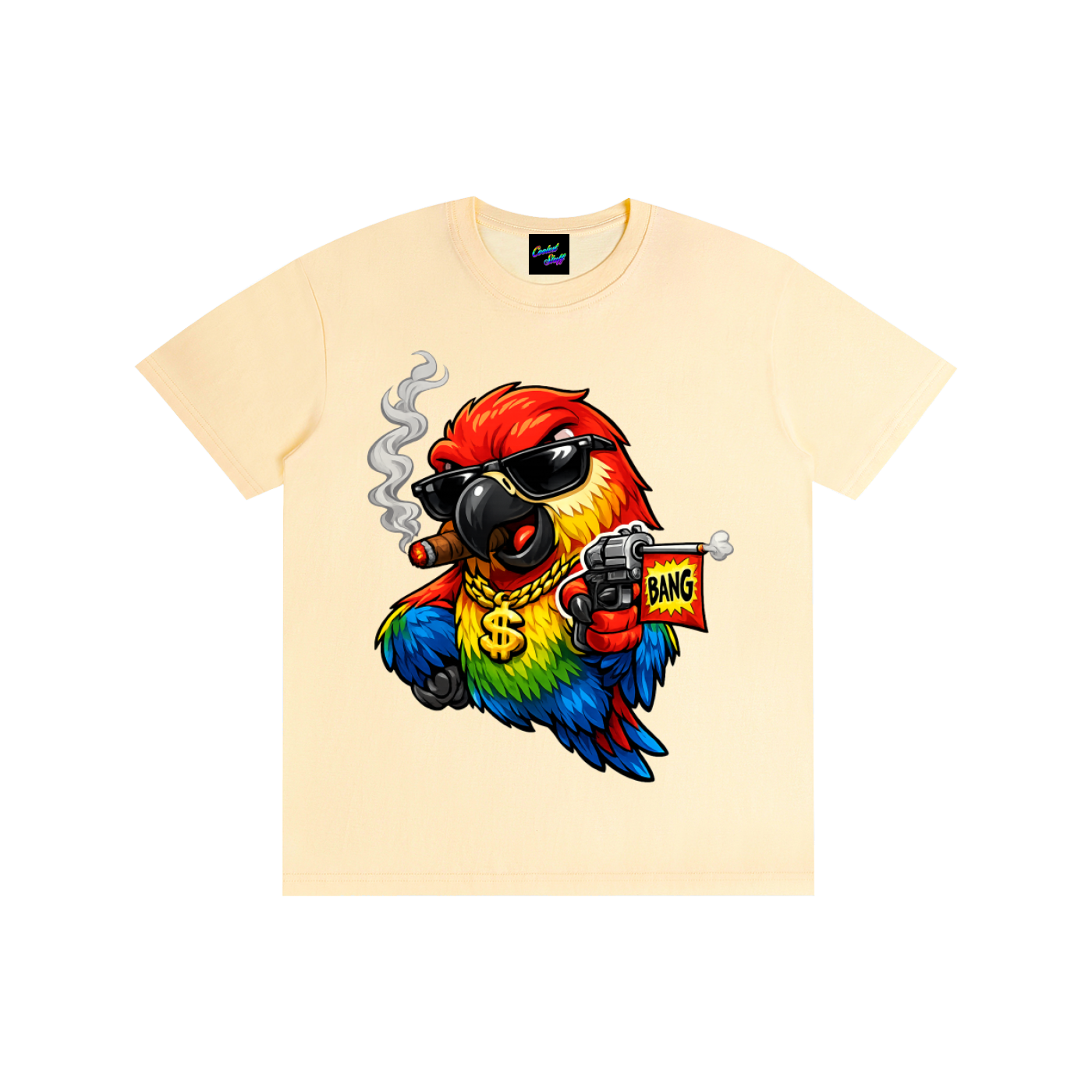 rainbow,parrot,shirt,ganster,funny,bird,tee,cartoon,colourful,animal,lover,comic,style,bang,flag,desing,toy,gun,cigar,streetwear,graphic,urban,fashion,tropical,macaw,gift,art,vibrant,cool,cooleststuff,festival,clothing,humorous,apparel