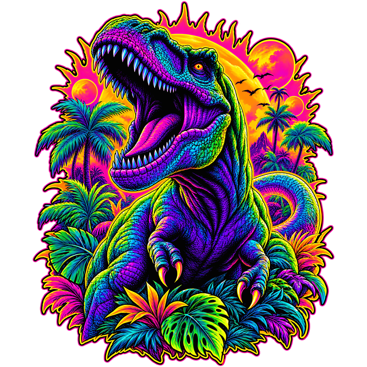 Neon T-Rex Jungle T-Shirt – Psychedelic Dinosaur Graphic Tee | Retro Tropical Streetwear