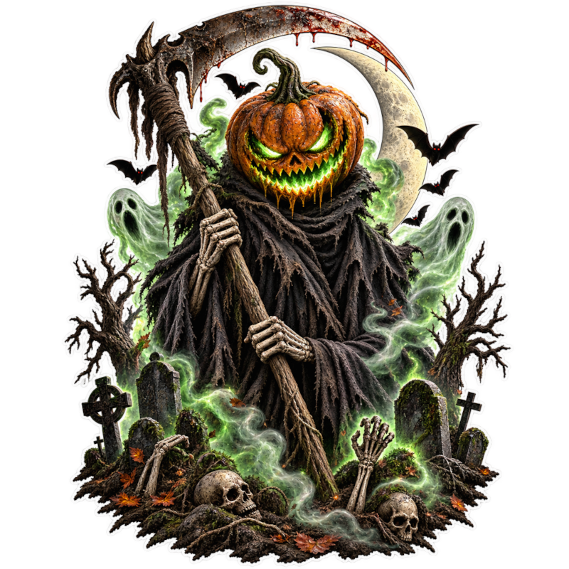 Pumpkin Grim Reaper T-Shirt – Spooky Halloween Graveyard Graphic Tee