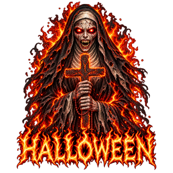 Halloween,tshirt,tee,spooky,undead,skeleton,vampire,shirt,holy,flames,scary,outfit,nun,horror,haunted,graphic,gothic,design,demonic,cross,creepy,