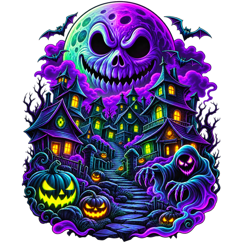 coolest,stuff,tshirt,shirt,tee,unisex,fashion,gift,bold,graphic,apparel,streetwear,casual,halloween,haunted,village,skull,moon,pumpkins,bats,ghost,hooded,ghoul,horror,gothic,spooky,creepy,supernatural,night,neon,cyan,glowing,clouds,smoke,stairs,trees,claws,fantasy,october,autumn,illustration,design