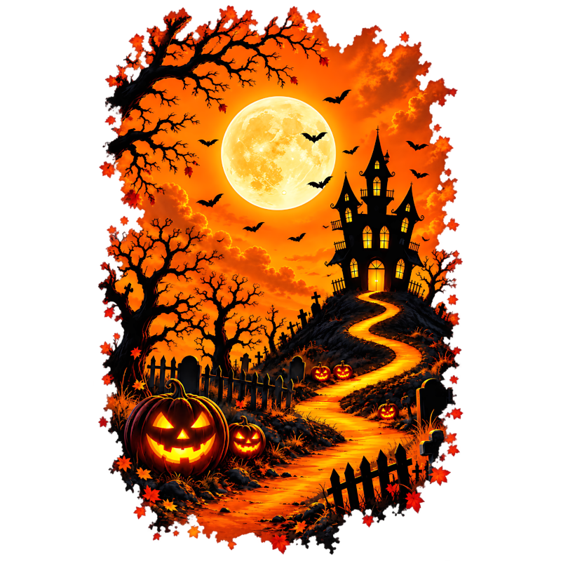 coolest,stuff,tshirt,shirt,tee,unisex,fashion,gift,graphic,apparel,streetwear,casual,clothing,outfit,trendy,halloween,haunted,house,pumpkins,spooky,eerie,gothic,horror,moon,bats,night,graveyard,tombstones,crosses,trees,branches,autumn,leaves,october,glowing,pathway,fence,clouds,silhouette,towers,foliage,illustration,seasonal,golden,design