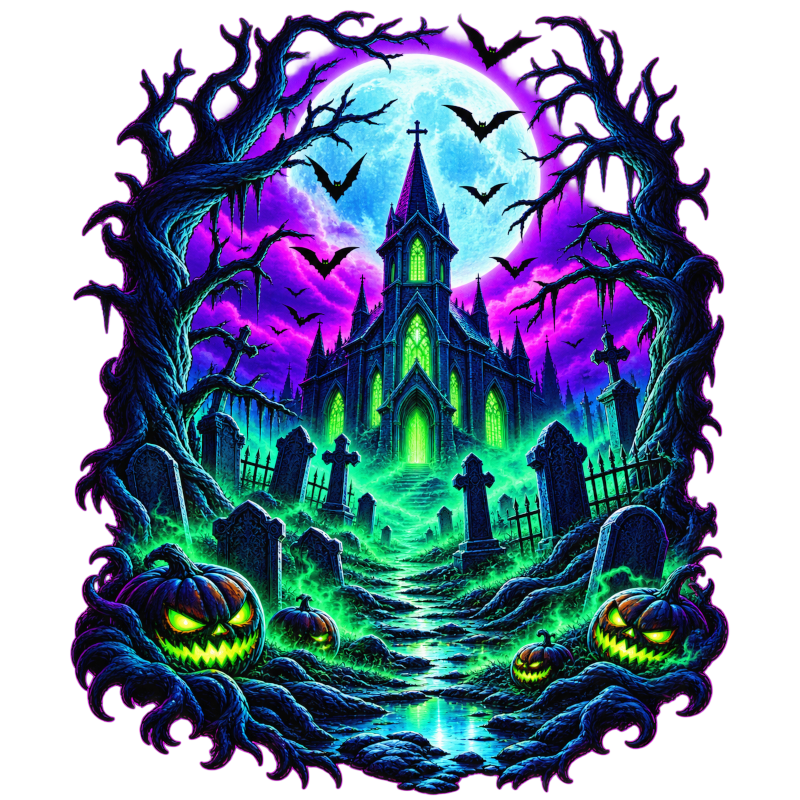 Neon Haunted Church T-Shirt with gothic church and full moon
