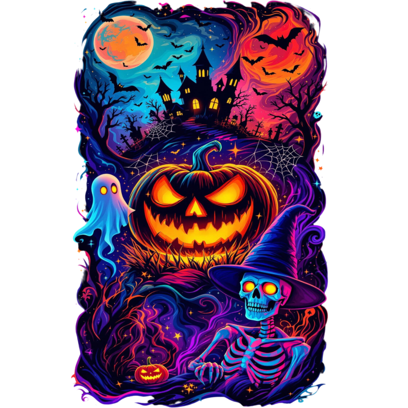 Neon Halloween Pumpkin T-Shirt with glowing jack-o'-lantern graphic