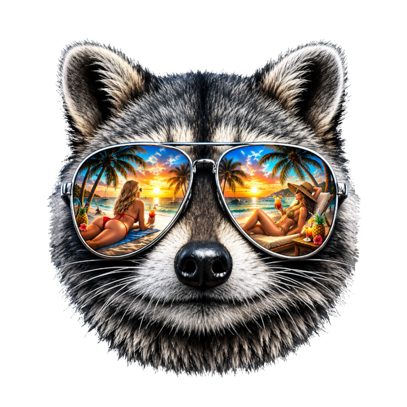 coolest,stuff,tshirt,shirt,tee,unisex,fashion,gift,graphic,apparel,streetwear,casual,clothing,outfit,trendy,raccoon,sunglasses,aviator,mirrored,reflection,beach,sunset,tropical,palms,ocean,summer,vacation,paradise,island,coastal,relaxation,cocktails,pineapple,bikini,sunbathing,women,sand,animal,wildlife,portrait,realistic,detailed,cool,playful,design