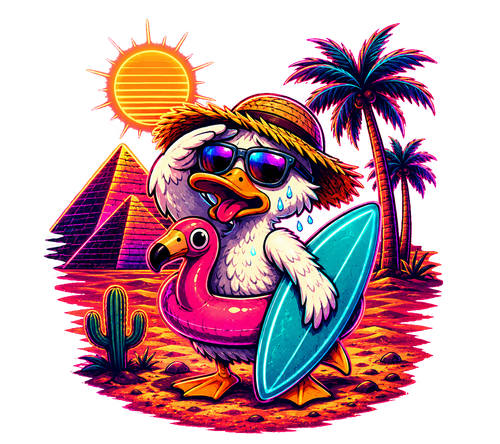 coolest,stuff,tshirt,shirt,tee,unisex,fashion,gift,graphic,apparel,streetwear,casual,clothing,outfit,trendy,duck,desert,pyramids,egypt,surfboard,surfing,flamingo,float,sunglasses,straw,hat,palms,cactus,sun,heat,summer,vacation,lost,adventure,travel,humor,cartoon,cute,neon,retro,vaporwave,turquoise,orange,illustration,design