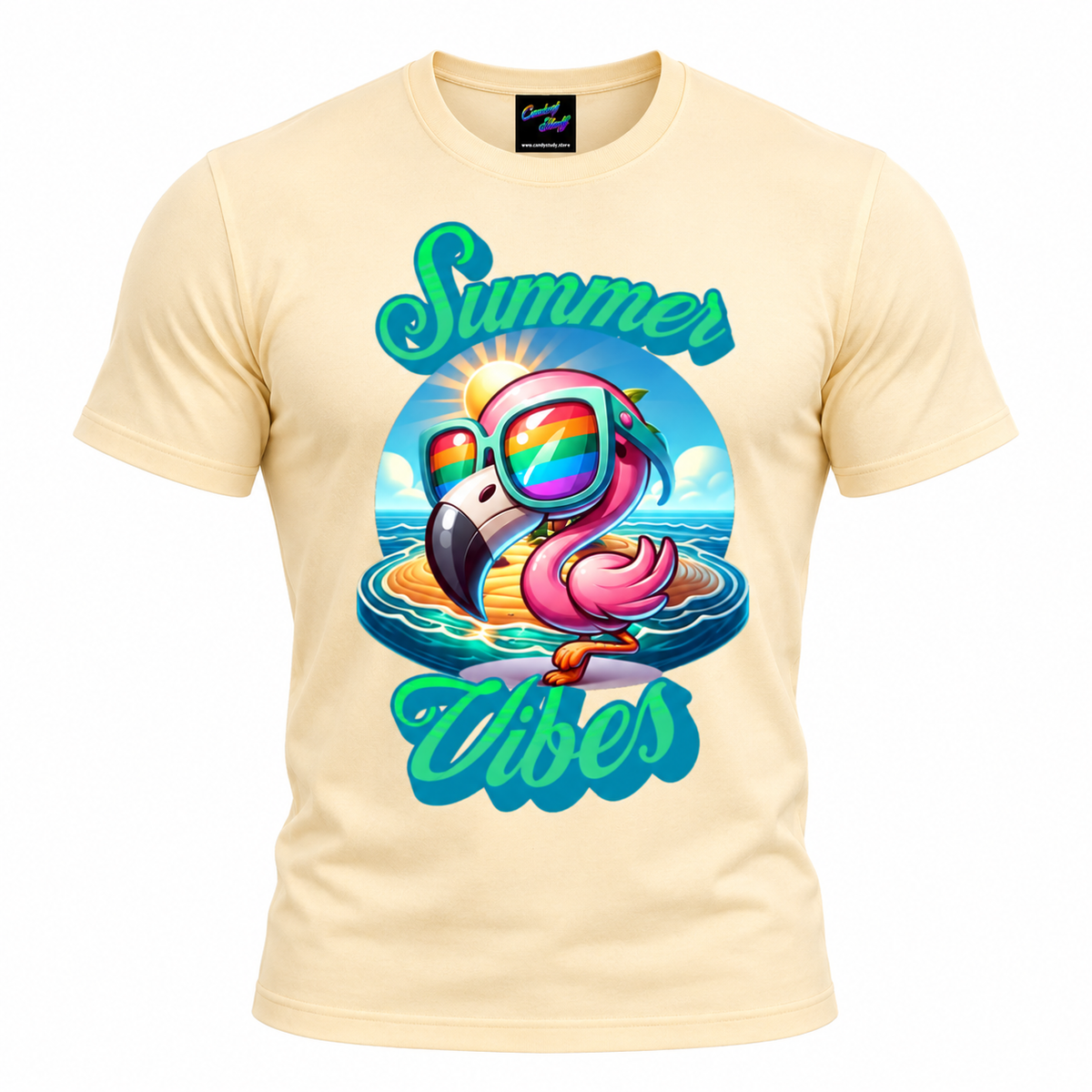 Summer Vibes Flamingo T-Shirt | Cute Pink Flamingo with Rainbow Sunglasses | Tropical Beach Vacation Graphic Tee
