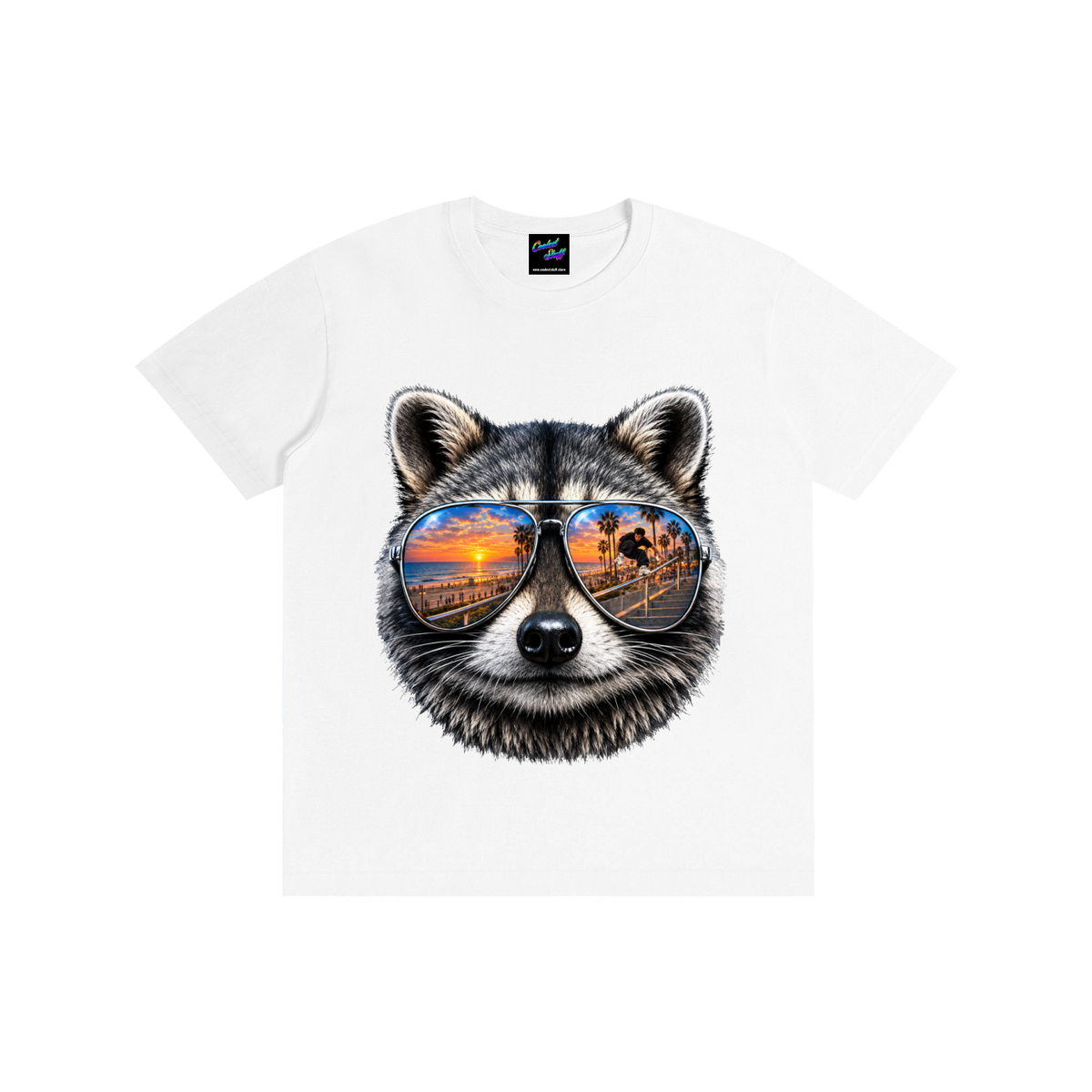 raccoon,shirt,tshirt,summer,sunset,skate,skater,trick,slide,vibe,cool,graphic,tee,sunglasses,aviator,beach,inline,skating,roller,apparel,streetwear,animal,lover,gift,vibes,urban,reflection,art,extreme,sports,unisex,unique,clothing,design,statement