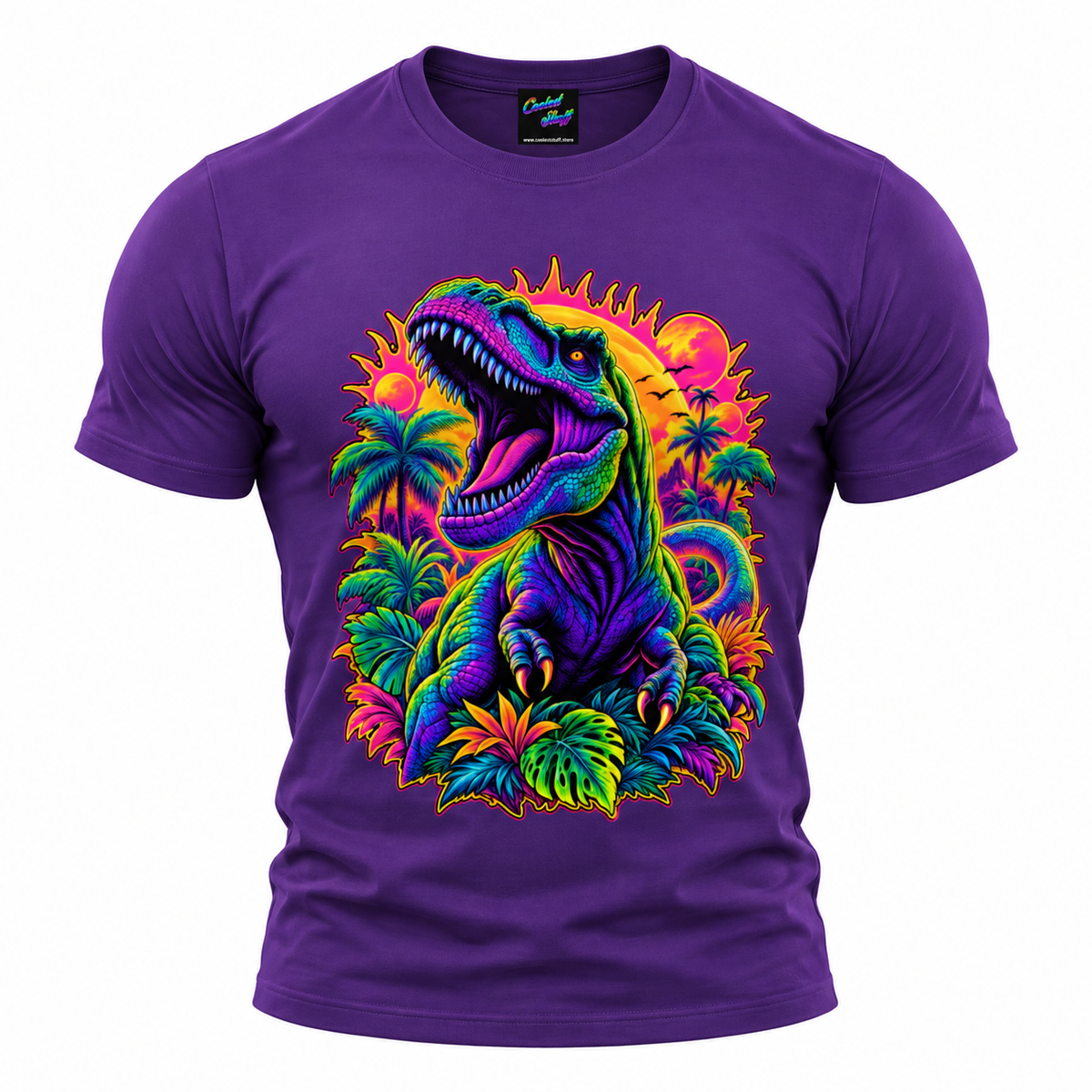 Neon T-Rex Jungle T-Shirt – Psychedelic Dinosaur Graphic Tee | Retro Tropical Streetwear
