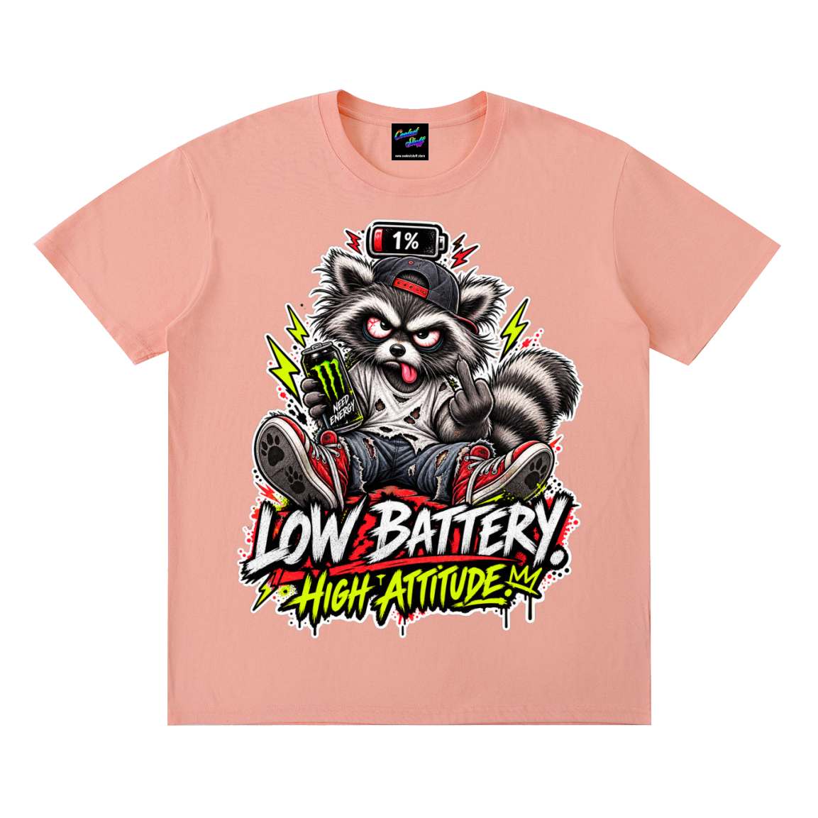 cooleststuff,low,battery,tshirt,shirt,tee,outfit,high,attitude,raccoon,funny,graphic,sarcastic,tired,social,caffeine,energy,drink,animal,gift,streetwear,graffiti,exhausted,introvert,gamer,meme,unisex,cool,edgy,viral