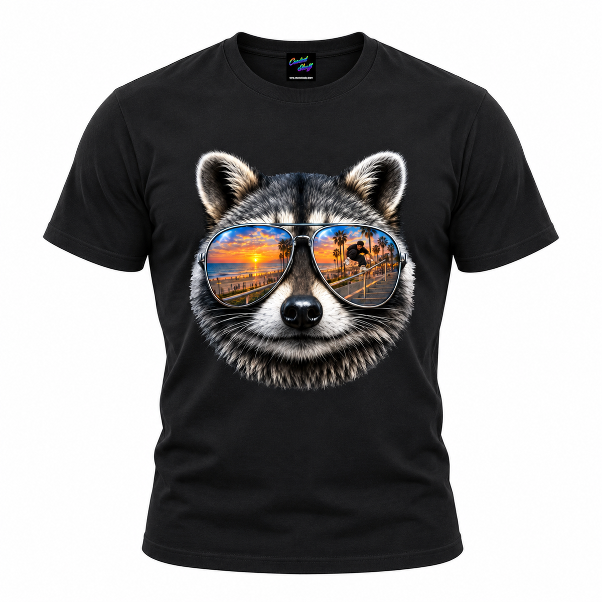 Raccoon Sunglasses T-Shirt – Sunset Skater Graphic Tee