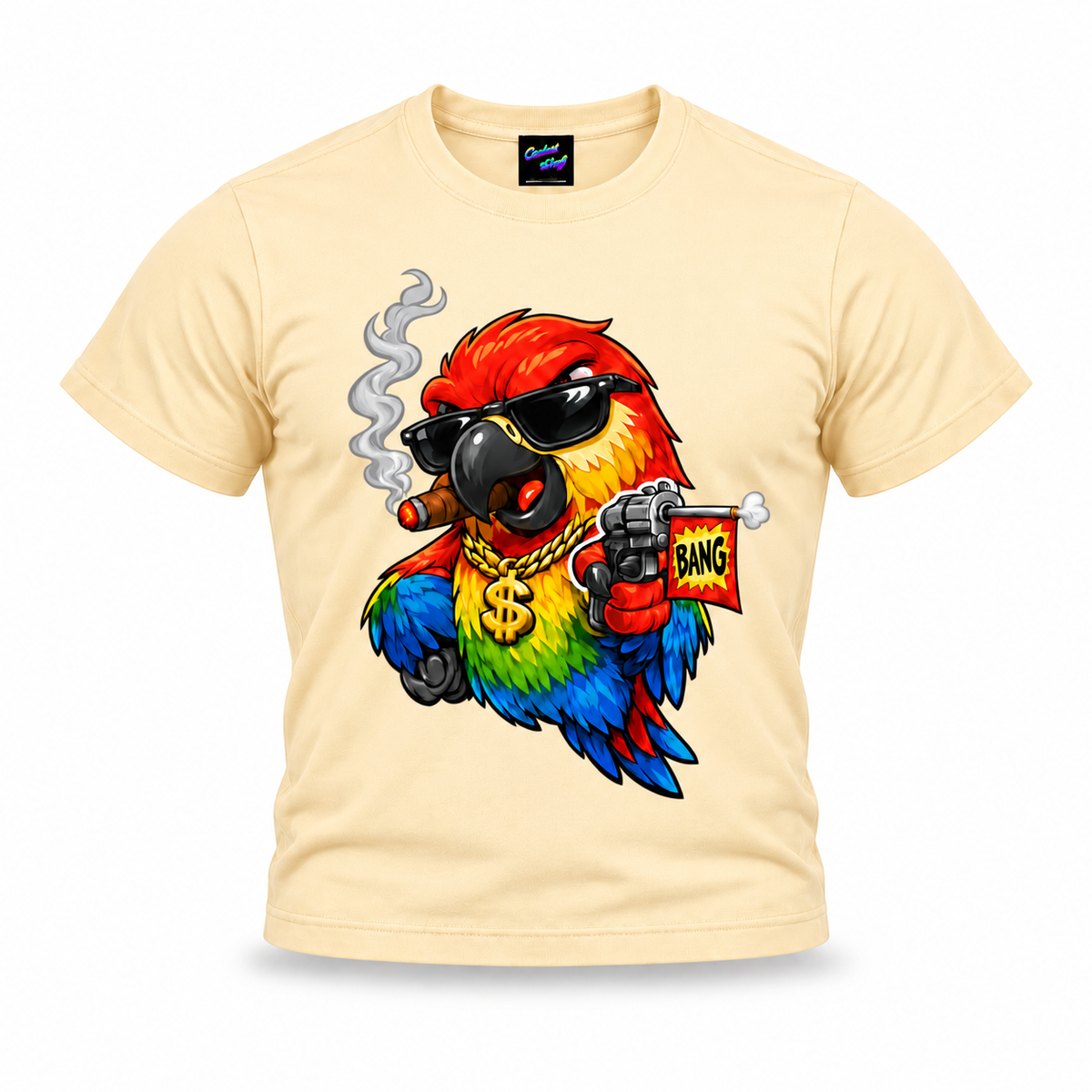 coolest,stuff,tshirt,shirt,tee,unisex,fashion,gift,graphic,apparel,streetwear,casual,clothing,outfit,trendy,parrot,macaw,bird,gangster,sunglasses,cigar,smoke,gold,chain,dollar,bling,swagger,attitude,humor,cartoon,comic,bang,flag,prank,toy,revolver,feathers,tropical,colourful,bold,illustration,apricot