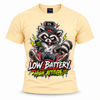 coolest,stuff,tshirt,shirt,tee,unisex,fashion,gift,bold,graphic,apparel,streetwear,casual,raccoon,battery,attitude,low,high,tired,exhausted,sarcasm,humor,rebellious,grumpy,caffeine,energy,drink,burnout,sassy,rude,sneakers,cap,denim,ripped,cartoon,graffiti,grunge,lightning,neon,novelty,apricot