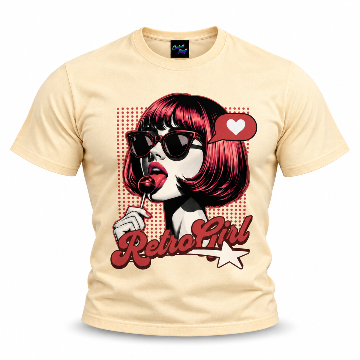 coolest,stuff,tshirt,shirt,tee,unisex,fashion,gift,graphic,apparel,streetwear,casual,clothing,outfit,trendy,retro,girl,popart,vintage,pinup,sunglasses,lollipop,candy,heart,love,star,halftone,dots,bob,bangs,lipstick,portrait,comic,illustration,typography,script,playful,sassy,glamour,nostalgia,rockabilly,apricot