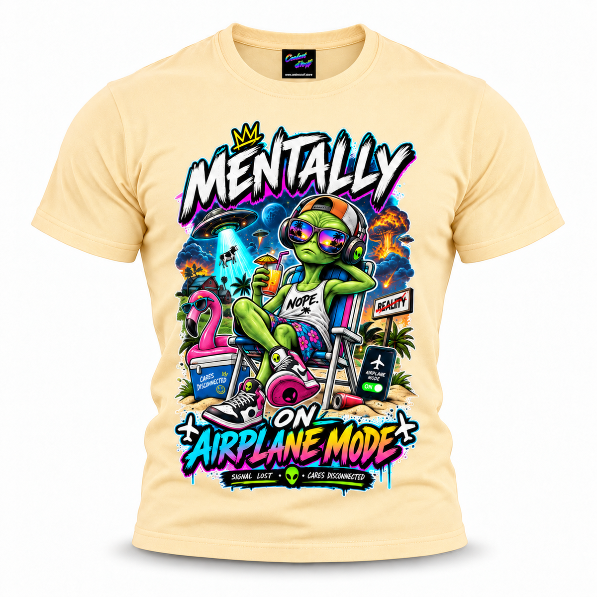 coolest,stuff,tshirt,shirt,tee,unisex,fashion,gift,bold,graphic,apparel,streetwear,casual,alien,airplane,mode,mentally,vacation,relaxation,chill,disconnected,unbothered,humor,sarcasm,tropical,beach,summer,sunglasses,headphones,cocktail,flamingo,ufo,abduction,cow,explosion,palm,graffiti,neon,colorful,cartoon,cosmic,escapism,cap,apricot