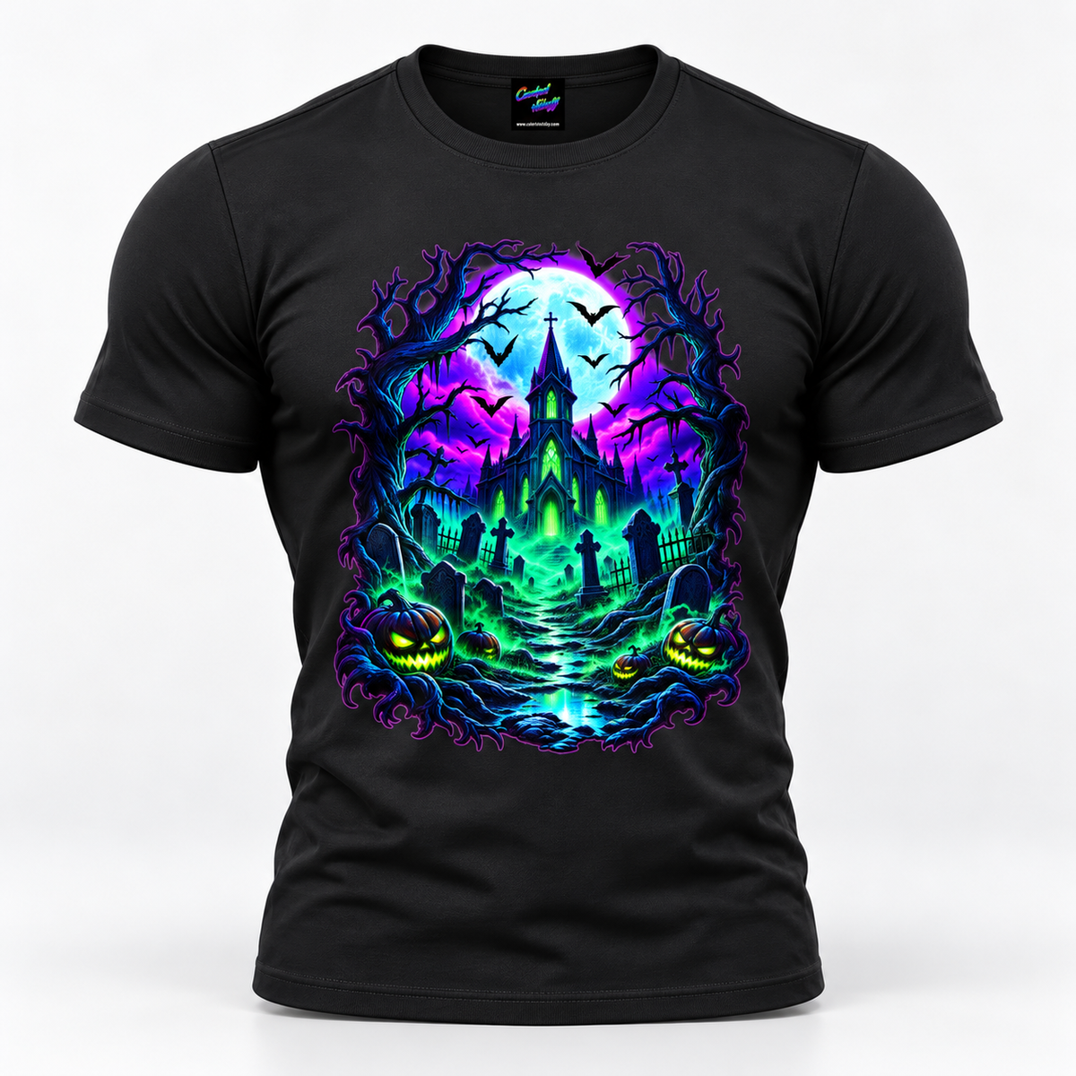 Neon Haunted Church T-Shirt with gothic church and full moon
