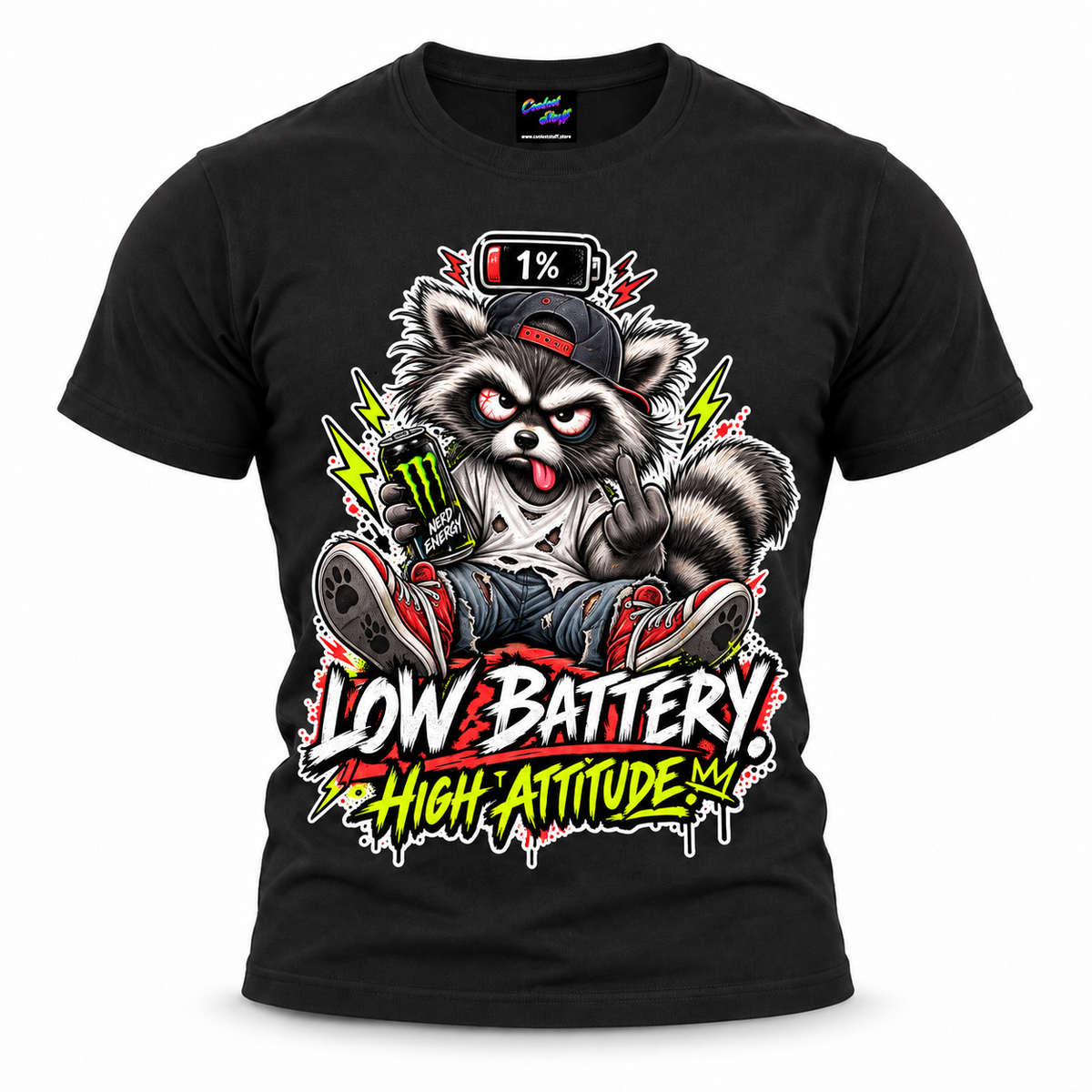 coolest,stuff,tshirt,shirt,tee,unisex,fashion,gift,bold,graphic,apparel,streetwear,casual,raccoon,battery,attitude,low,high,tired,exhausted,sarcasm,humor,rebellious,grumpy,caffeine,energy,drink,burnout,sassy,rude,sneakers,cap,denim,ripped,cartoon,graffiti,grunge,lightning,neon,novelty,black