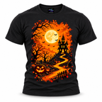 coolest,stuff,tshirt,shirt,tee,unisex,fashion,gift,graphic,apparel,streetwear,casual,clothing,outfit,trendy,halloween,haunted,house,pumpkins,spooky,eerie,gothic,horror,moon,bats,night,graveyard,tombstones,crosses,trees,branches,autumn,leaves,october,glowing,pathway,fence,clouds,silhouette,towers,foliage,illustration,seasonal,golden,black
