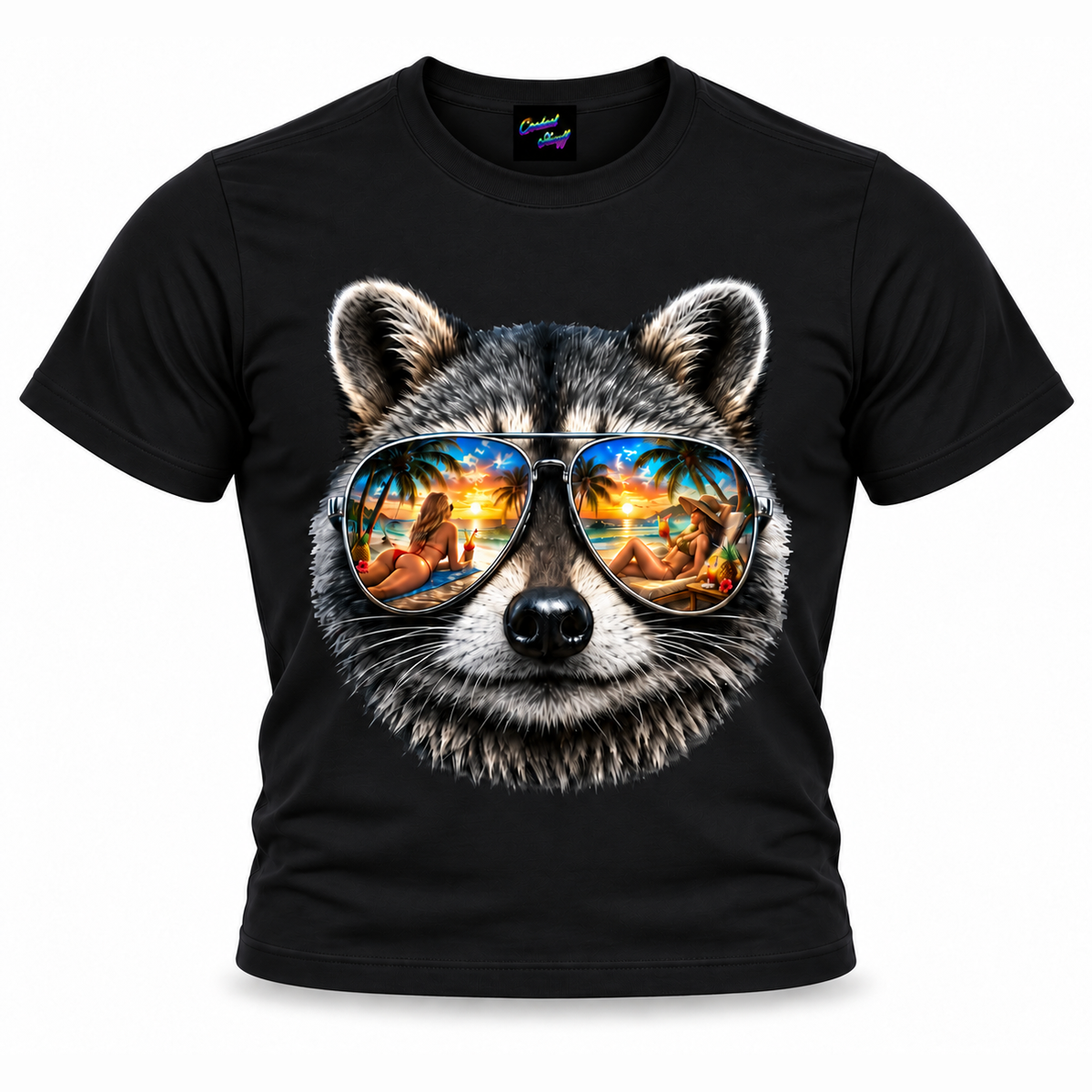coolest,stuff,tshirt,shirt,tee,unisex,fashion,gift,graphic,apparel,streetwear,casual,clothing,outfit,trendy,raccoon,sunglasses,aviator,mirrored,reflection,beach,sunset,tropical,palms,ocean,summer,vacation,paradise,island,coastal,relaxation,cocktails,pineapple,bikini,sunbathing,women,sand,animal,wildlife,portrait,realistic,detailed,cool,playful,black