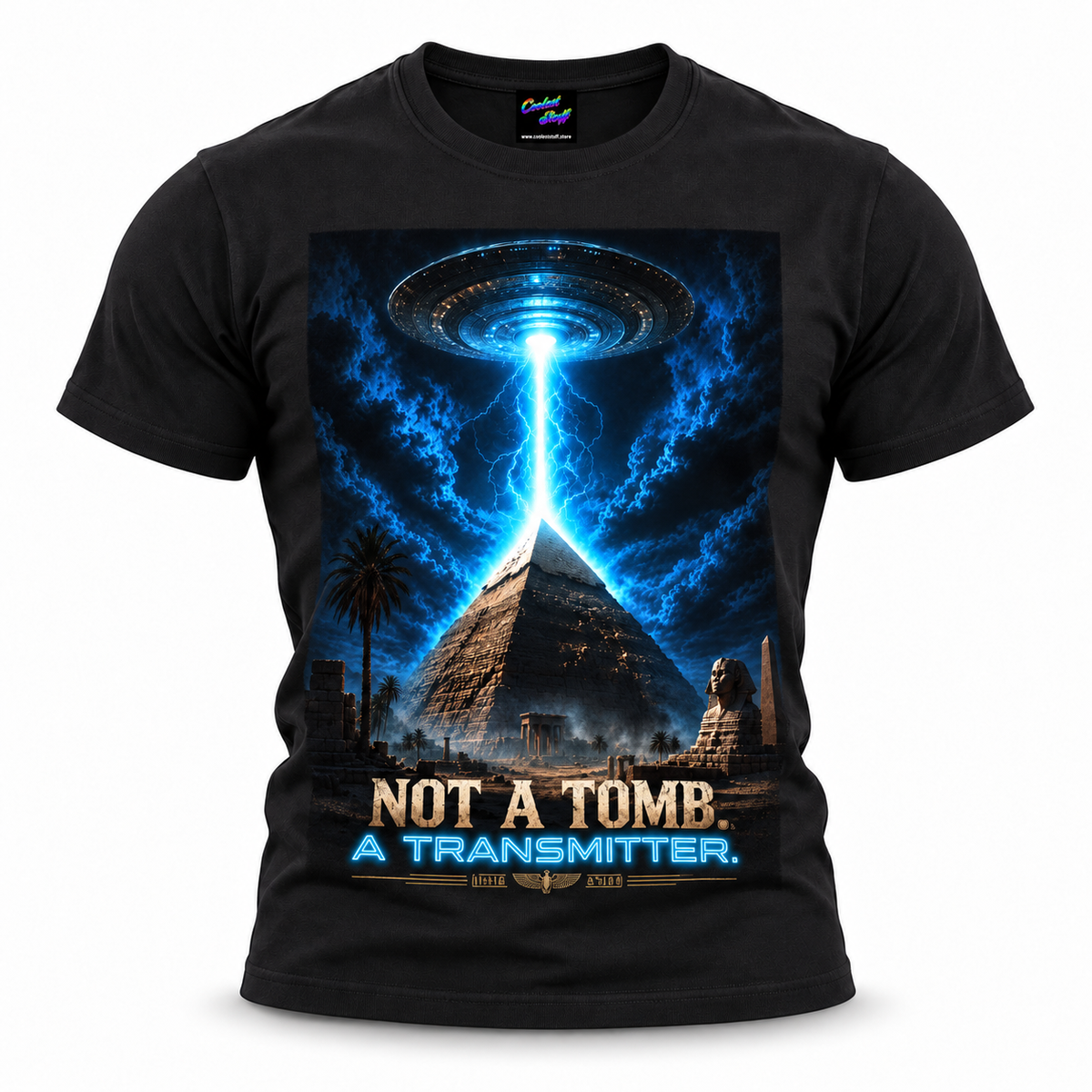 coolest,stuff,tshirt,shirt,tee,unisex,fashion,ufo,pyramid,alien,egypt,transmitter,spacecraft,sphinx,lightning,plasma,beam,ancient,extraterrestrial,mystery,cosmic,futuristic,scifi,surreal,neon,blue,night,desert,ruins,obelisk,civilization,energy,hieroglyphs,technology,monument,tshirt,graphic,streetwear,fantasy,cinematic,illustration,archaeology