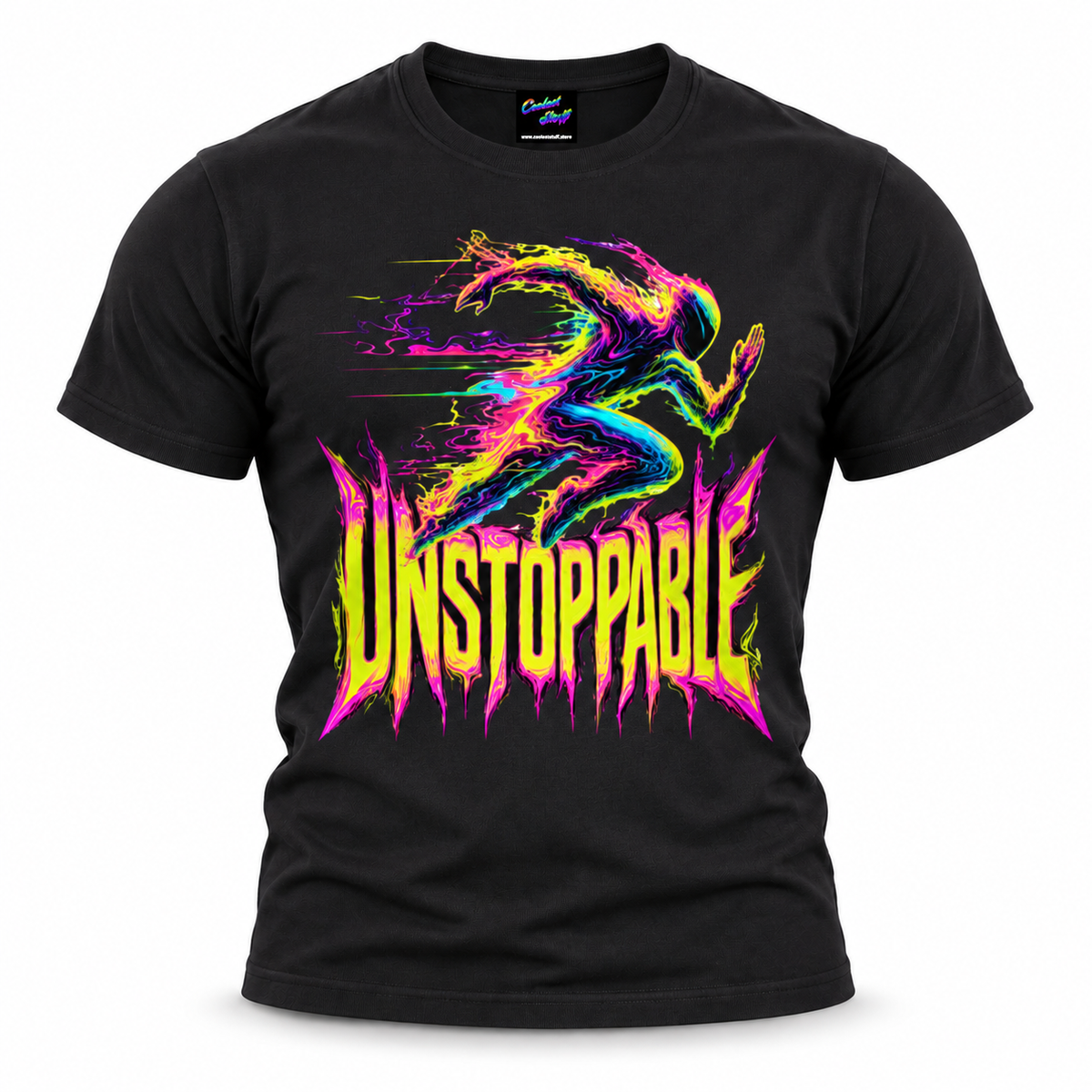 coolest,stuff,tshirt,shirt,tee,unisex,fashion,gift,bold,graphic,apparel,streetwear,casual,clothing,outfit,trendy,unstoppable,runner,running,sprint,speed,motion,energy,momentum,endurance,determination,motivation,ambition,resilience,fitness,training,workout,athletics,neon,acid,psychedelic,glitch,liquid,abstract,silhouette,graffiti,typography,vibrant,black