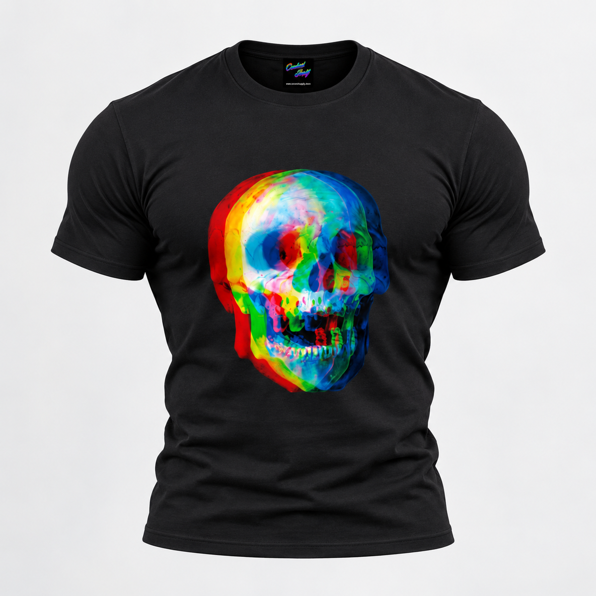RGB Skull T-Shirt featuring a vibrant glitch skeleton design in red, green, and blue on a black tee.