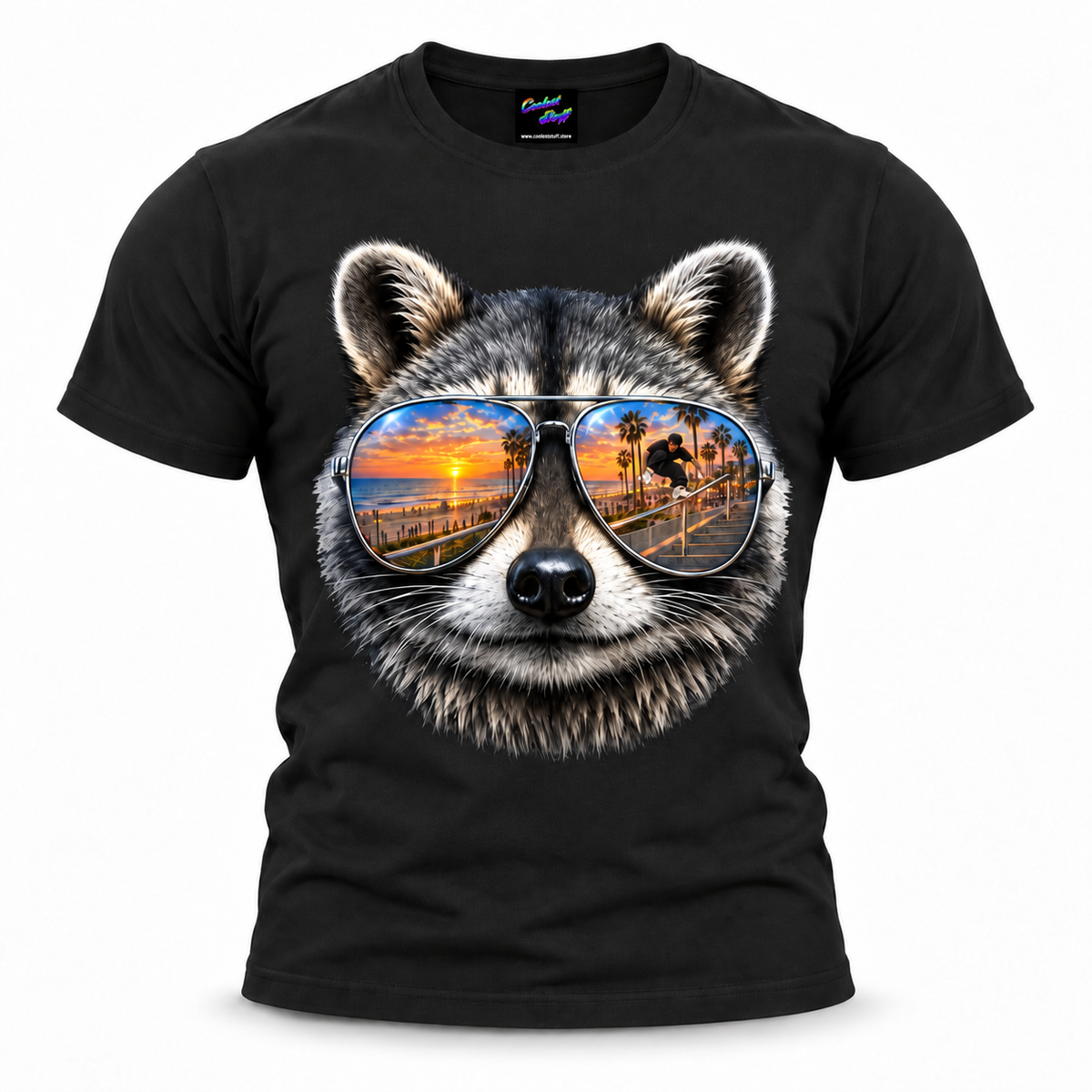 raccoon,sunglasses,aviator,mirrored,reflection,sunset,beach,ocean,palms,tropical,summer,coastal,skater,rollerblading,inline,grind,handrail,freestyle,urban,streetwear,adventure,animal,wildlife,portrait,realistic,detailed,cool,playful,graphic,tshirt,apparel,casual,vacation,golden,gift,coolest,stuff,tshirt,shirt,tee,unisex,fashion,