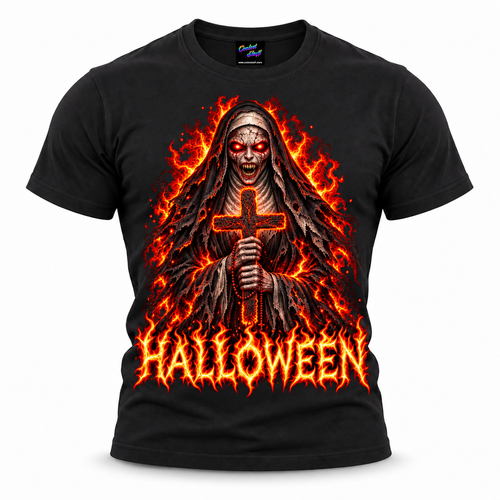 Halloween,tshirt,tee,spooky,undead,skeleton,vampire,shirt,holy,flames,scary,outfit,nun,horror,haunted,graphic,gothic,design,demonic,cross,creepy,black
