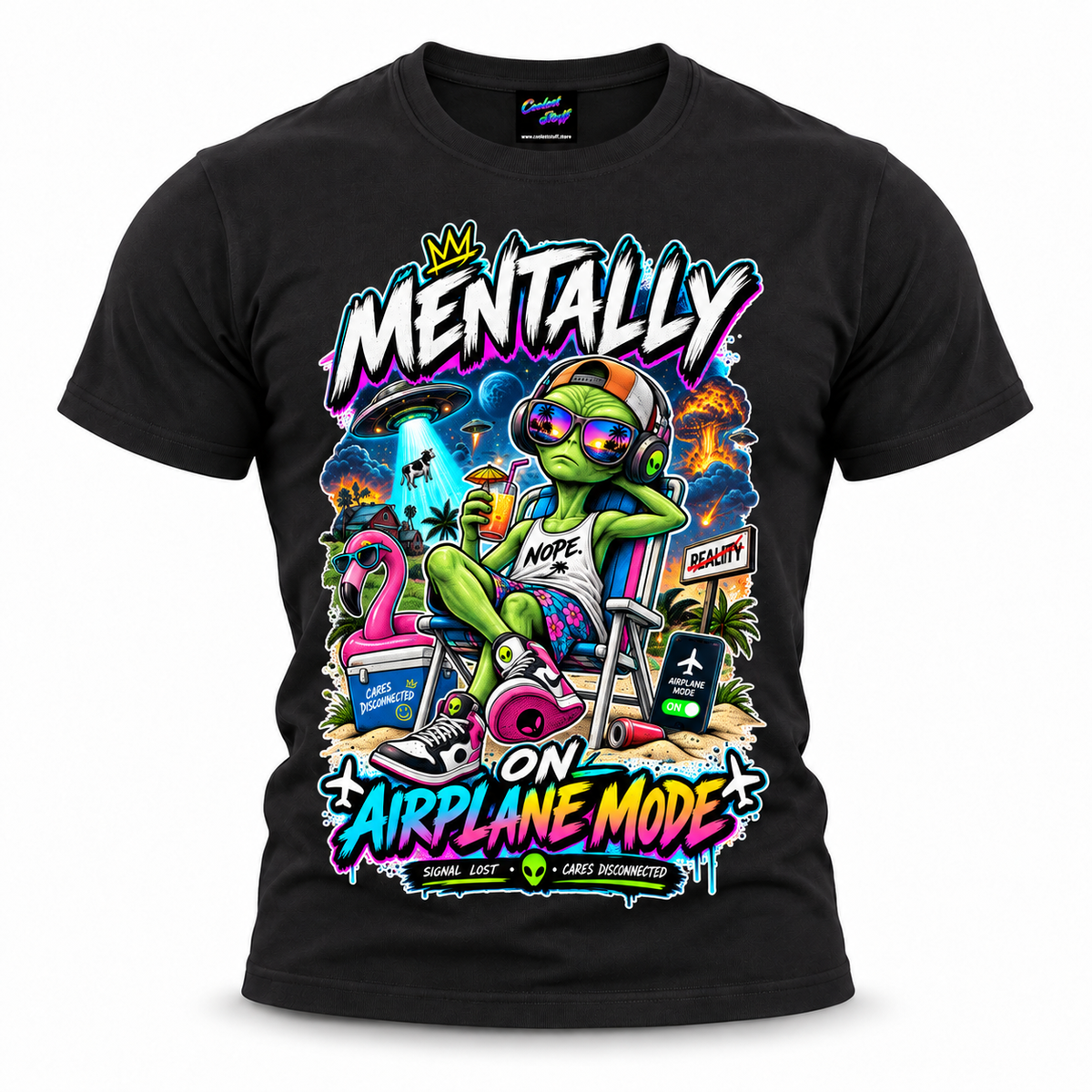 coolest,stuff,tshirt,shirt,tee,unisex,fashion,gift,bold,graphic,apparel,streetwear,casual,alien,airplane,mode,mentally,vacation,relaxation,chill,disconnected,unbothered,humor,sarcasm,tropical,beach,summer,sunglasses,headphones,cocktail,flamingo,ufo,abduction,cow,explosion,palm,graffiti,neon,colorful,cartoon,cosmic,escapism,cap,black