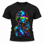 coolest,stuff,tshirt,shirt,tee,unisex,robot,graphic,fashion,neon,futuristic,cyberpunk,cyber,colourful,vibrant,bold,outstanding,game,play,gift,cyborg girl, android woman, neon robot art, synthwave, vaporwave, futuristic graphic tee, sci-fi, cybernetic woman, VR goggles design, neon visor, neon city reflection, futuristic cityscape, cyberpunk city, retrowave, outrun aesthetic, neon streetwear, cyberpunk fashion, black