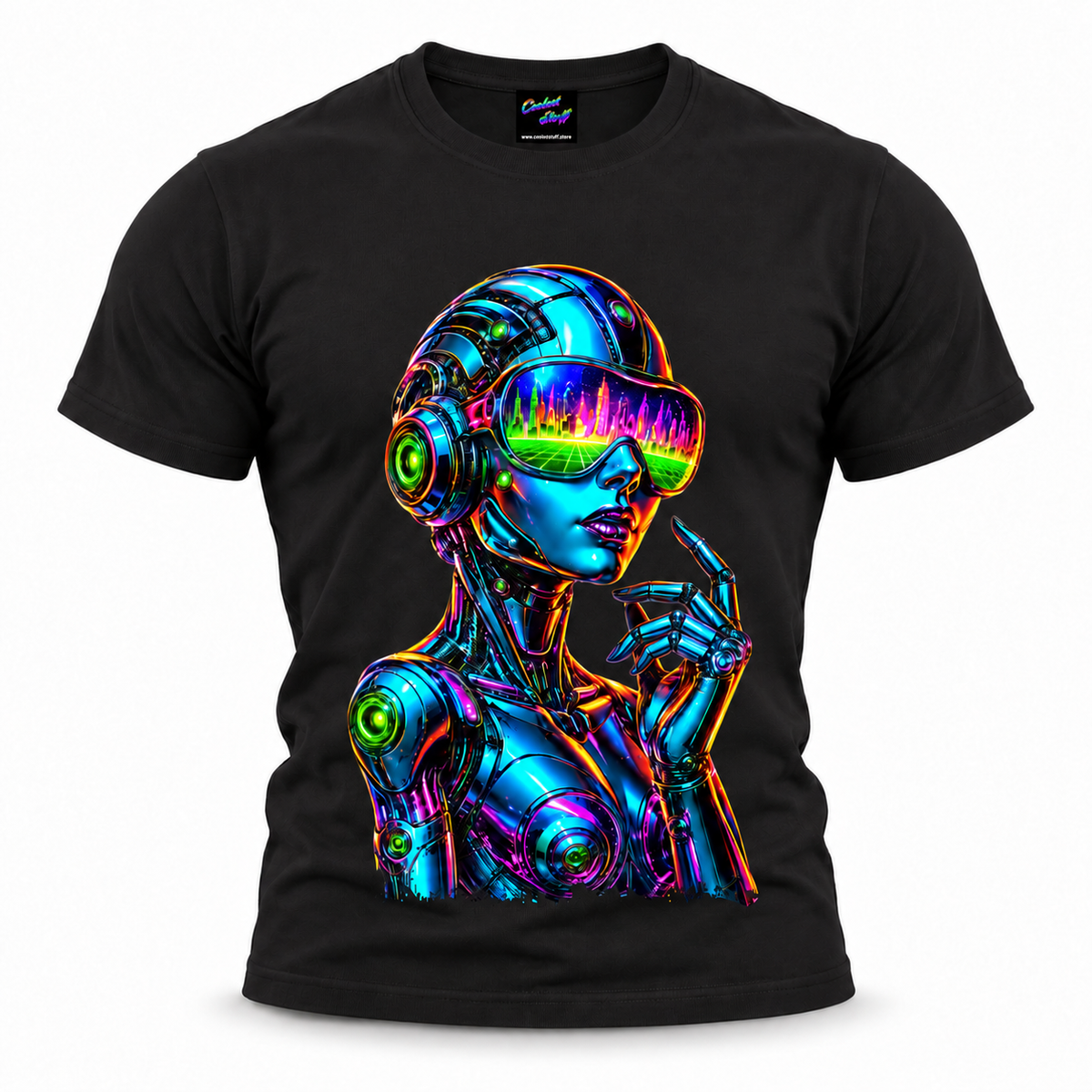 coolest,stuff,tshirt,shirt,tee,unisex,robot,graphic,fashion,neon,futuristic,cyberpunk,cyber,colourful,vibrant,bold,outstanding,game,play,gift,cyborg girl, android woman, neon robot art, synthwave, vaporwave, futuristic graphic tee, sci-fi, cybernetic woman, VR goggles design, neon visor, neon city reflection, futuristic cityscape, cyberpunk city, retrowave, outrun aesthetic, neon streetwear, cyberpunk fashion, black