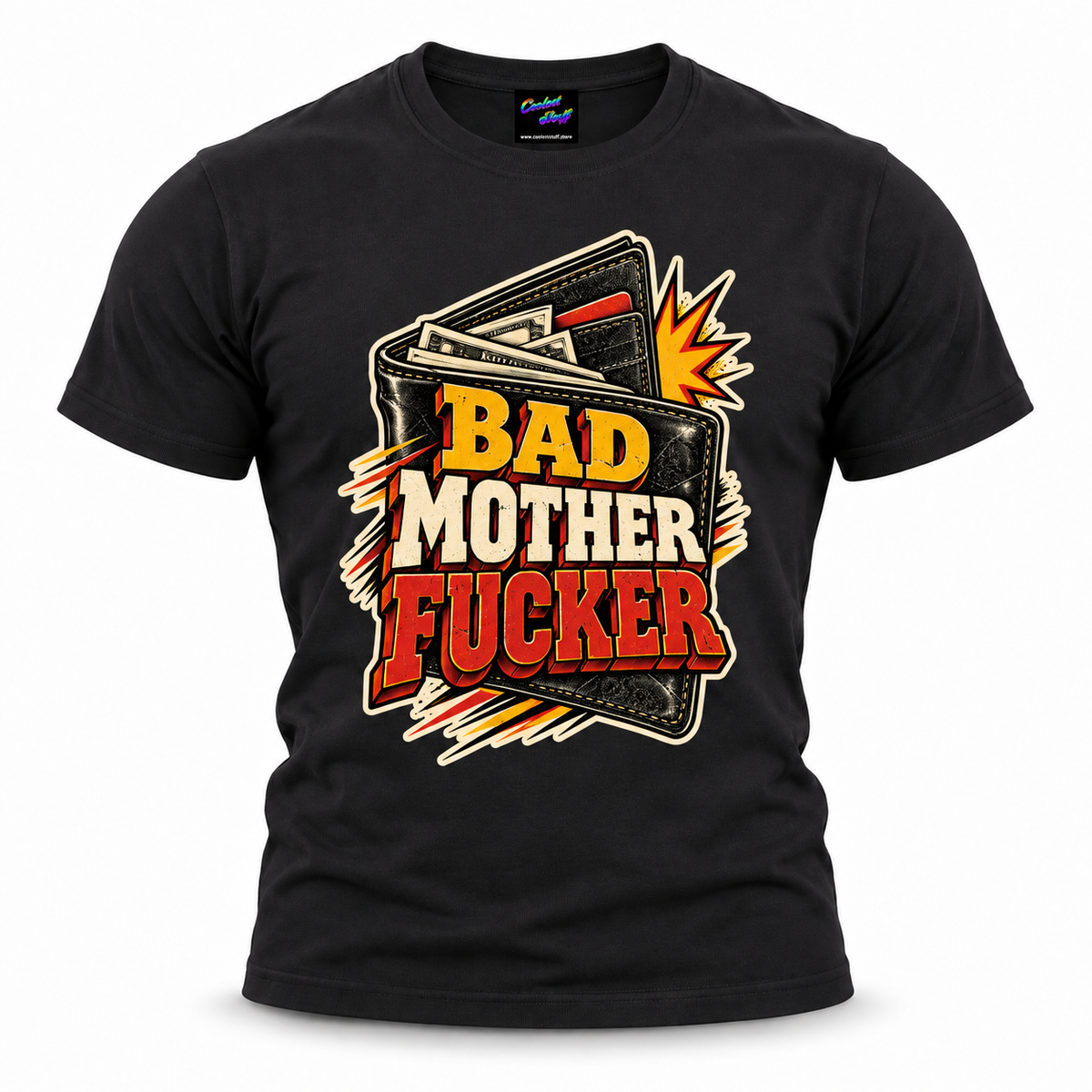 coolest,stuff,tshirt,shirt,tee,unisex,fashion,gift,bold,graphic,apparel,streetwear,casual,badass,wallet,cash,money,bad,mother,fucker,profanity,humor,irreverent,statement,slogan,typography,lettering,retro,distressed,comic,white,red,yellow,black,crewneck,printed,novelty,attitude,rebellious,cinema,cult,black