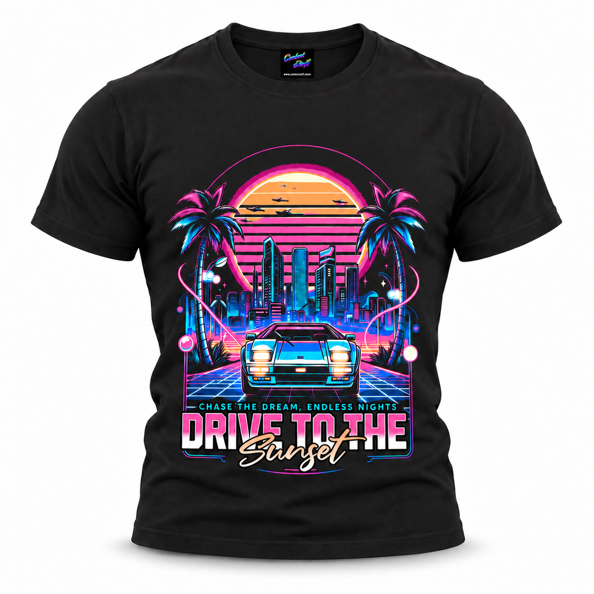 coolest,stuff,tshirt,shirt,tee,unisex,fashion,synthwave T-shirt, retro car T-shirt, vaporwave shirt, retrowave graphic tee, 80s aesthetic shirt, neon sunset shirt, sports car graphic tee, classic car shirt, retro supercar design, Drive to the Sunset, Chase the Dream, Endless Nights, night drive shirt, sunset drive T-shirt, neon cityscape, retro city skyline, palm tree T-shirt, tropical neon design, outrun aesthetic, retro futurism, neon grid design, pink and blue neon, vintage arcade style, black