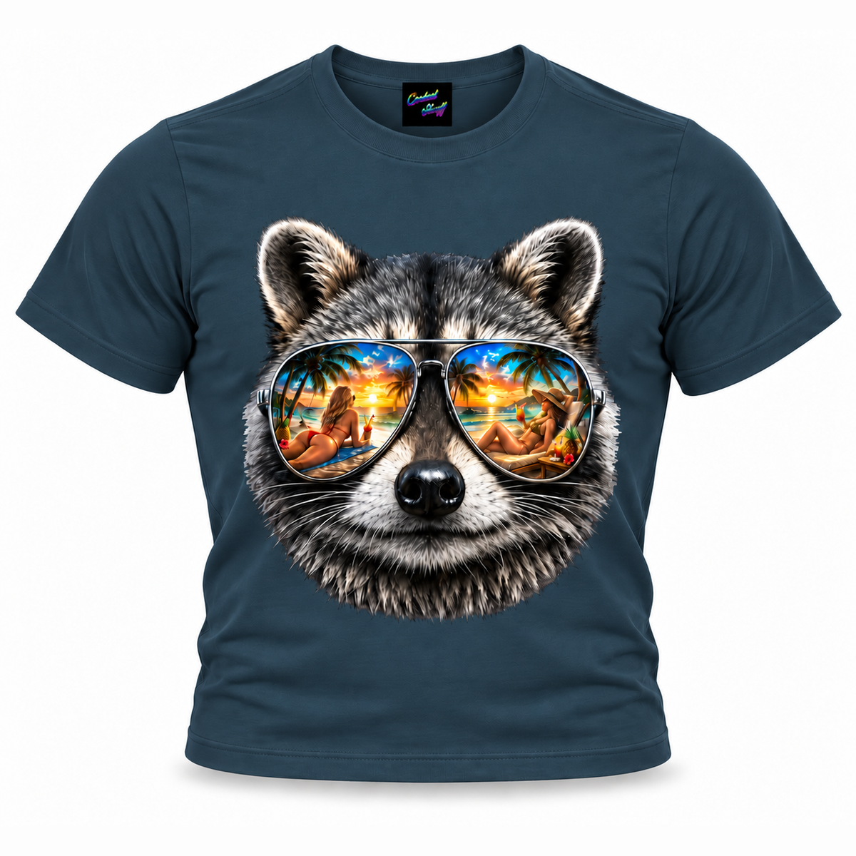 coolest,stuff,tshirt,shirt,tee,unisex,fashion,gift,graphic,apparel,streetwear,casual,clothing,outfit,trendy,raccoon,sunglasses,aviator,mirrored,reflection,beach,sunset,tropical,palms,ocean,summer,vacation,paradise,island,coastal,relaxation,cocktails,pineapple,bikini,sunbathing,women,sand,animal,wildlife,portrait,realistic,detailed,cool,playful,navy