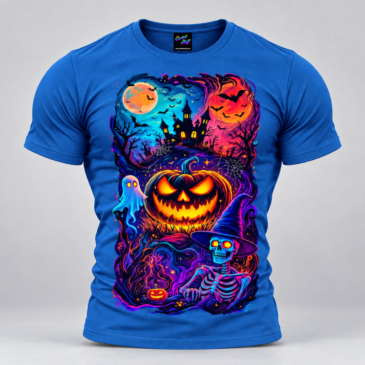 Neon Halloween Pumpkin T-Shirt with glowing jack-o'-lantern graphic