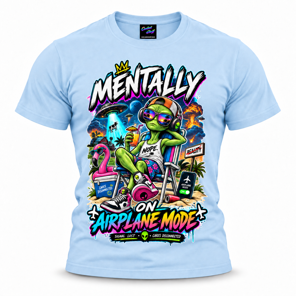 coolest,stuff,tshirt,shirt,tee,unisex,fashion,gift,bold,graphic,apparel,streetwear,casual,alien,airplane,mode,mentally,vacation,relaxation,chill,disconnected,unbothered,humor,sarcasm,tropical,beach,summer,sunglasses,headphones,cocktail,flamingo,ufo,abduction,cow,explosion,palm,graffiti,neon,colorful,cartoon,cosmic,escapism,cap,blue