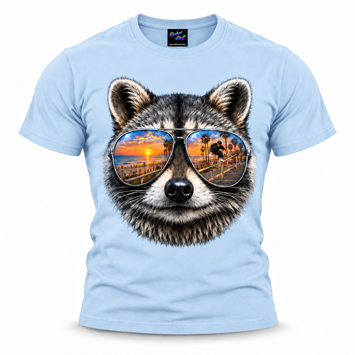 raccoon,sunglasses,aviator,mirrored,reflection,sunset,beach,ocean,palms,tropical,summer,coastal,skater,rollerblading,inline,grind,handrail,freestyle,urban,streetwear,adventure,animal,wildlife,portrait,realistic,detailed,cool,playful,graphic,tshirt,apparel,casual,vacation,golden,gift,coolest,stuff,tshirt,shirt,tee,unisex,fashion,
