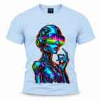 coolest,stuff,tshirt,shirt,tee,unisex,robot,graphic,fashion,neon,futuristic,cyberpunk,cyber,colourful,vibrant,bold,outstanding,game,play,gift,cyborg girl, android woman, neon robot art, synthwave, vaporwave, futuristic graphic tee, sci-fi, cybernetic woman, VR goggles design, neon visor, neon city reflection, futuristic cityscape, cyberpunk city, retrowave, outrun aesthetic, neon streetwear, cyberpunk fashion, blue