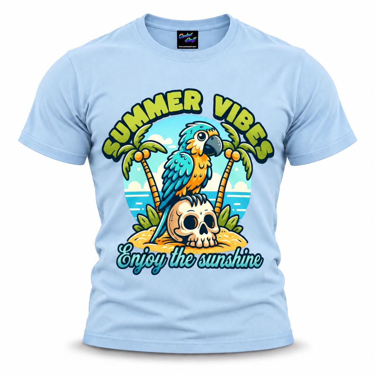 coolest,stuff,tshirt,shirt,tee,unisex,fashion,gift,bold,graphic,apparel,streetwear,casual,clothing,outfit,trendy,parrot,macaw,skull,pirate,tropical,summer,vibes,sunshine,beach,island,palms,coconuts,ocean,sand,vacation,holiday,paradise,coastal,bird,feathers,cartoon,cute,playful,retro,typography,script,blue
