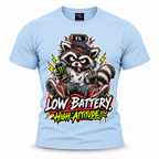 coolest,stuff,tshirt,shirt,tee,unisex,fashion,gift,bold,graphic,apparel,streetwear,casual,raccoon,battery,attitude,low,high,tired,exhausted,sarcasm,humor,rebellious,grumpy,caffeine,energy,drink,burnout,sassy,rude,sneakers,cap,denim,ripped,cartoon,graffiti,grunge,lightning,neon,novelty,blue