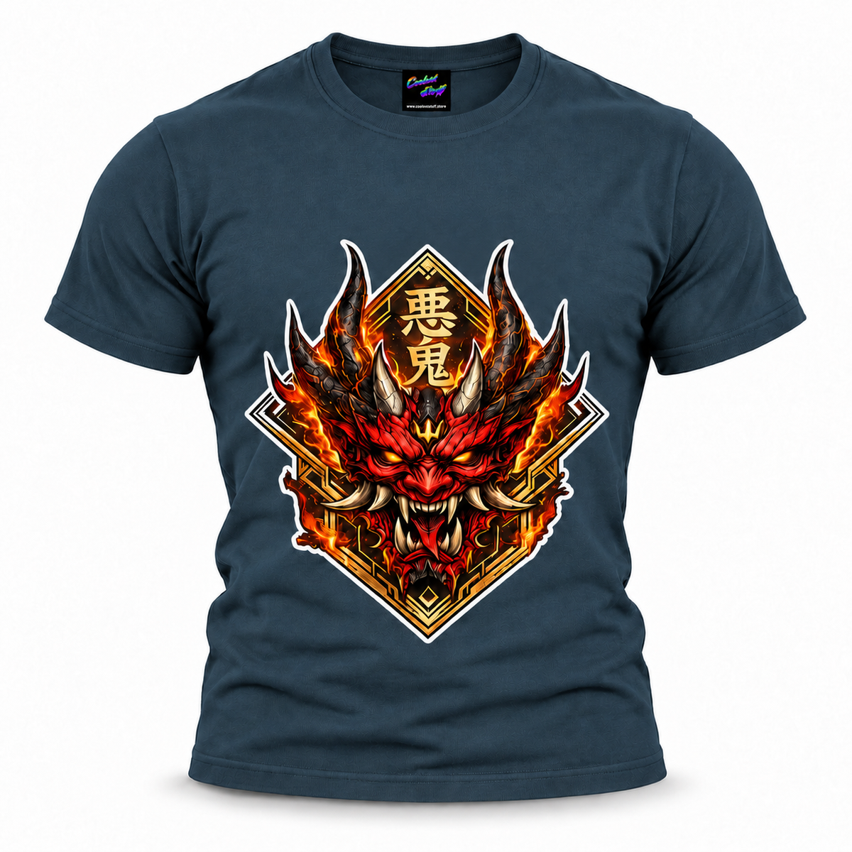 coolest,stuff,Japanese,oni,shirt,tee,tshirt,mask,demon,streetwear,anime,graphic,samurai,hannya,yokai,mythology,clothing,fire,design,art,apparel,tattoo,style,fashion,manga,otaku,aesthetic,warrior,gothic,gamer,gift,navy